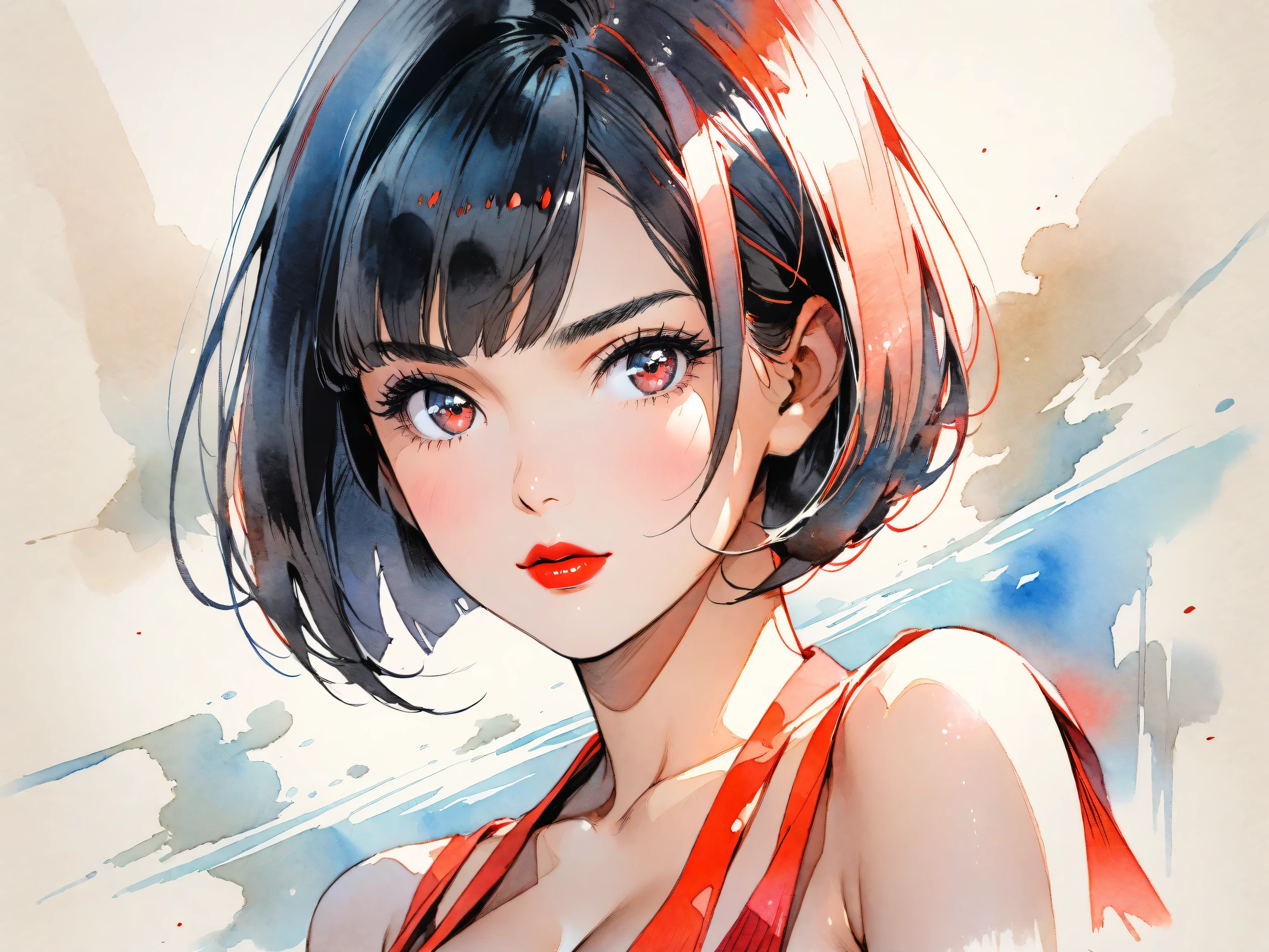 1girl, solo, bob cut, short hair, portrait, closed mouth, looking at viewer, watercolor \(medium\), lips, hatching \(texture\), red lips, shiny skin, perfect breasts, cleavage, plunging neckline, style retro classic, illustrated anime, 