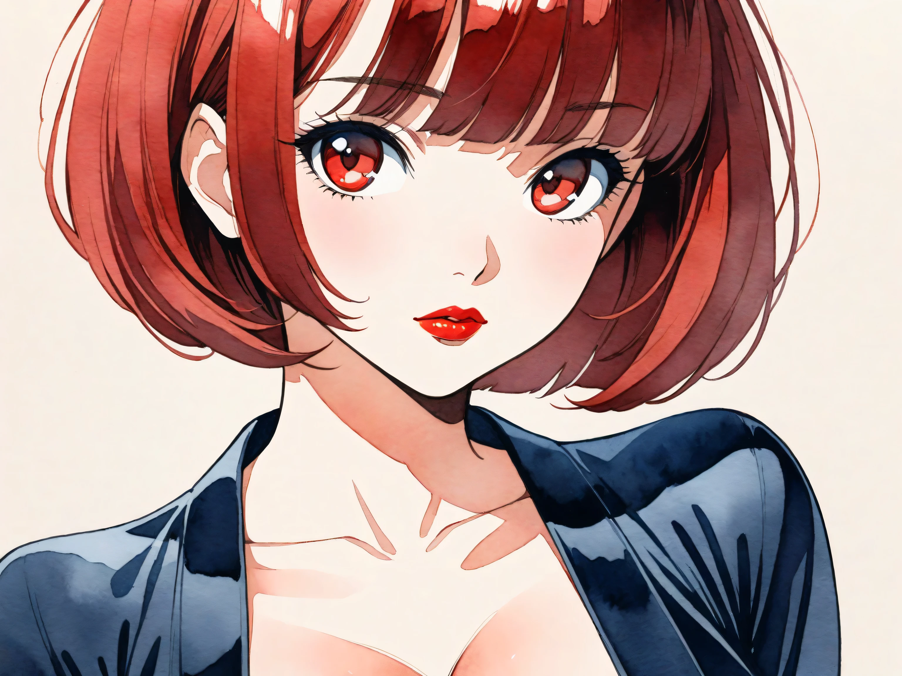 1girl, solo, bob cut, short hair, portrait, closed mouth, looking at viewer, watercolor \(medium\), lips, hatching \(texture\), red lips, shiny skin, perfect breasts, cleavage, plunging neckline, style retro classic, illustrated anime,