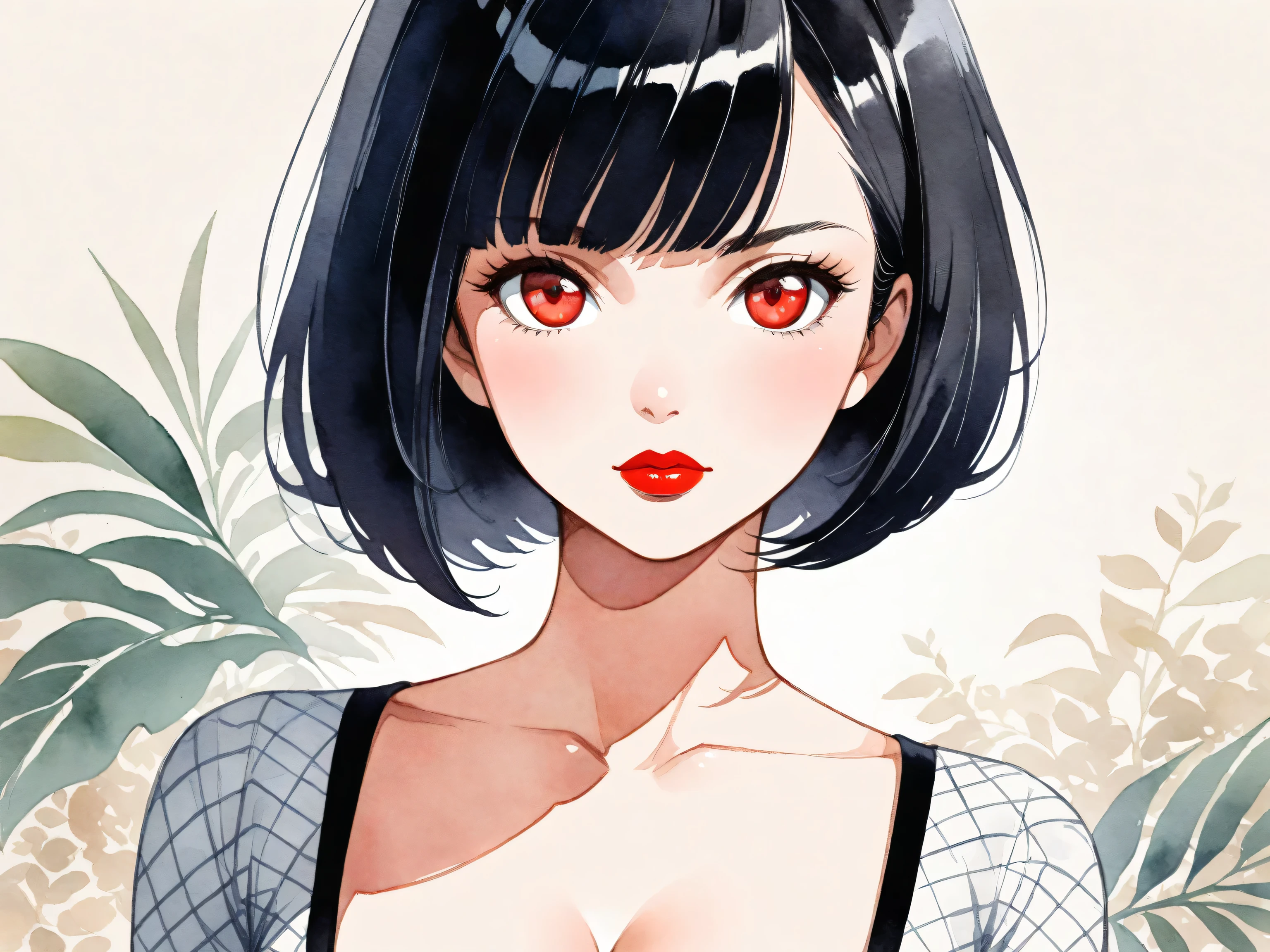 1girl, solo, bob cut, short hair, portrait, closed mouth, looking at viewer, watercolor \(medium\), lips, hatching \(texture\), red lips, shiny skin, perfect breasts, cleavage, plunging neckline, style retro classic, illustrated anime,