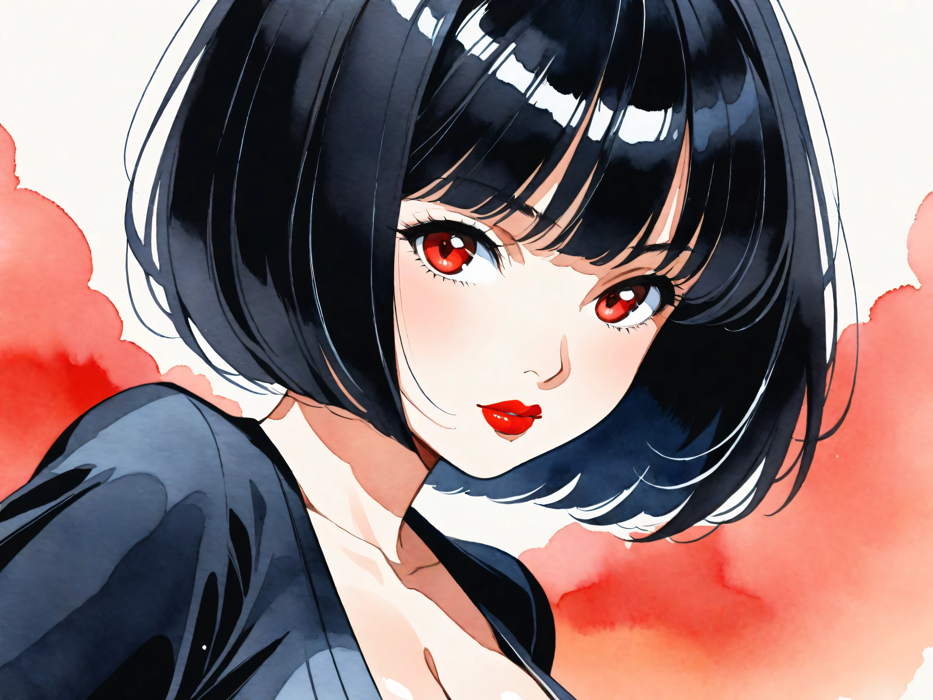 1girl, solo, bob cut, short hair, portrait, closed mouth, looking at viewer, watercolor \(medium\), lips, hatching \(texture\), red lips, shiny skin, perfect breasts, cleavage, plunging neckline, style retro classic, illustrated anime,