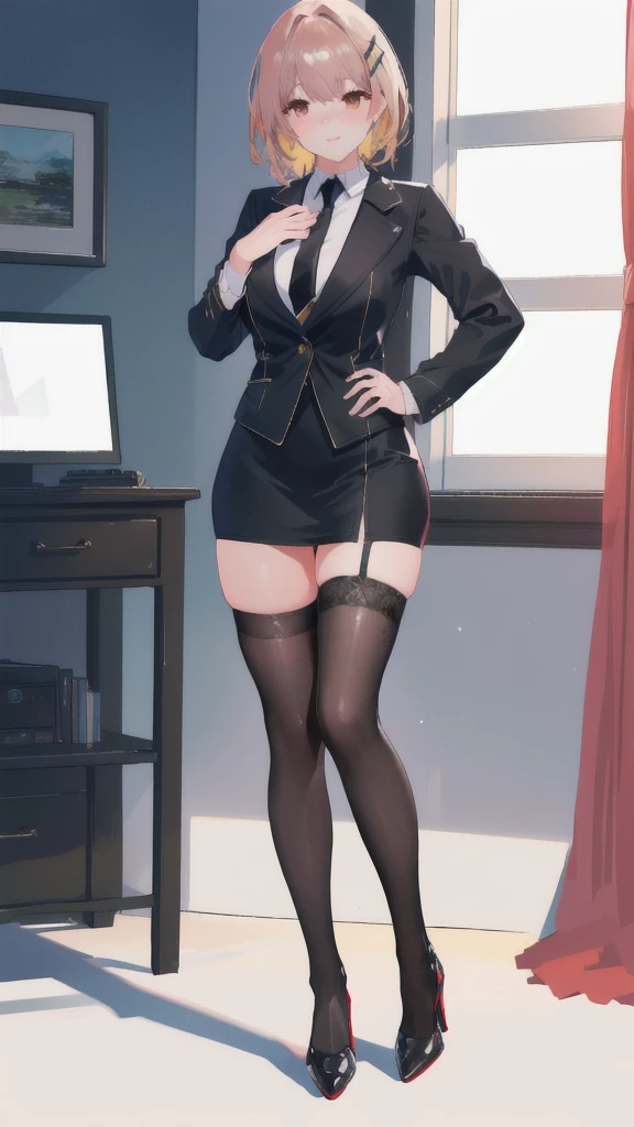Elegant seasoned female teacher with glasses short skirt black stockings playfully dressed as an office worker, plump chest and