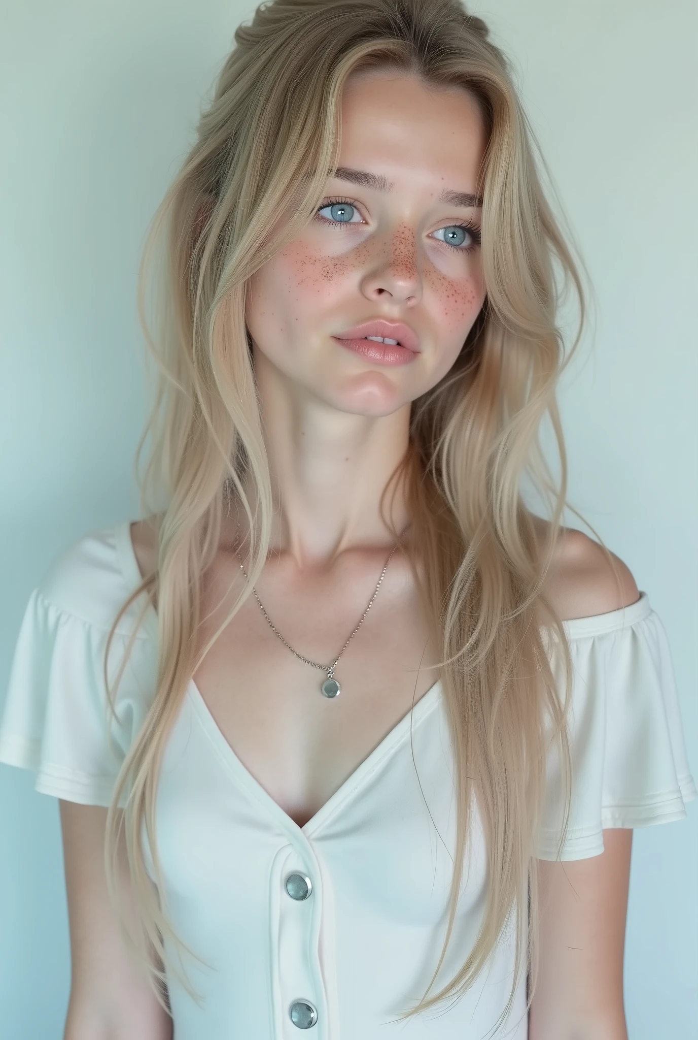 ((RAW Photo), Absurds, (Absurd Resolution)), ((Hyperrealism, Photorealistic)), (AI Reality), (A very beautiful young girl with AI Hyperrealism), freckled, fair-skinned, (light blue eyes), (dressed for a girls' get-together, impeccable outfit), ((background: white)), she flirts with her gaze at the viewer. (a great collector's photo). (Photographic Perspective)). «SunPuma S»