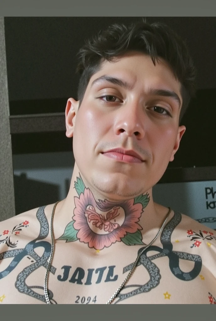 Image of a Natura beauty man with a Powerpuff Girls tattoo 