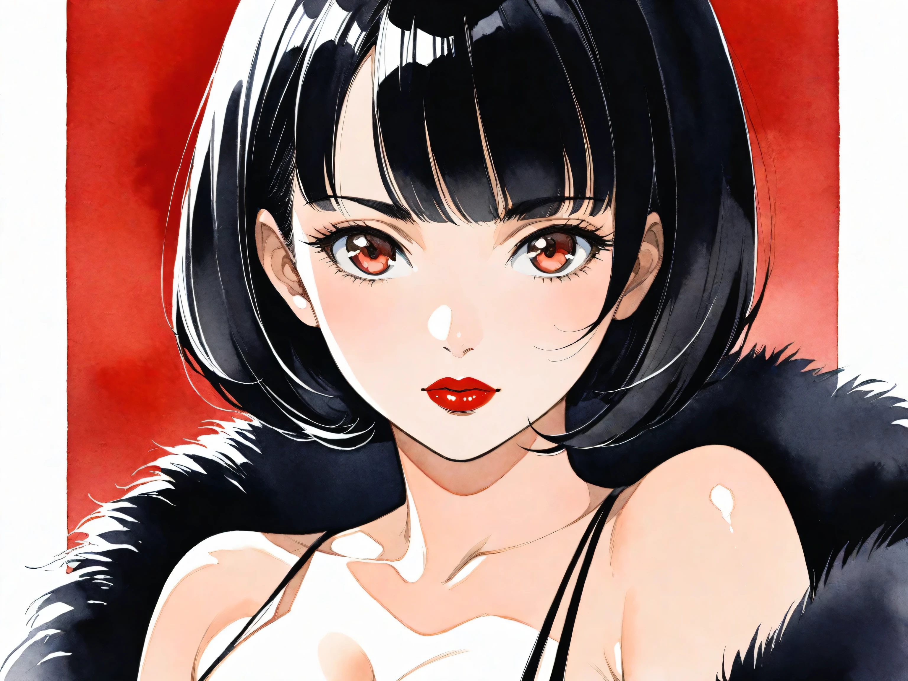 1girl, solo, bob cut, short hair, portrait, closed mouth, looking at viewer, watercolor \(medium\), lips, hatching \(texture\), red lips, shiny skin, perfect breasts, cleavage, plunging neckline, style retro classic, illustrated anime, 
