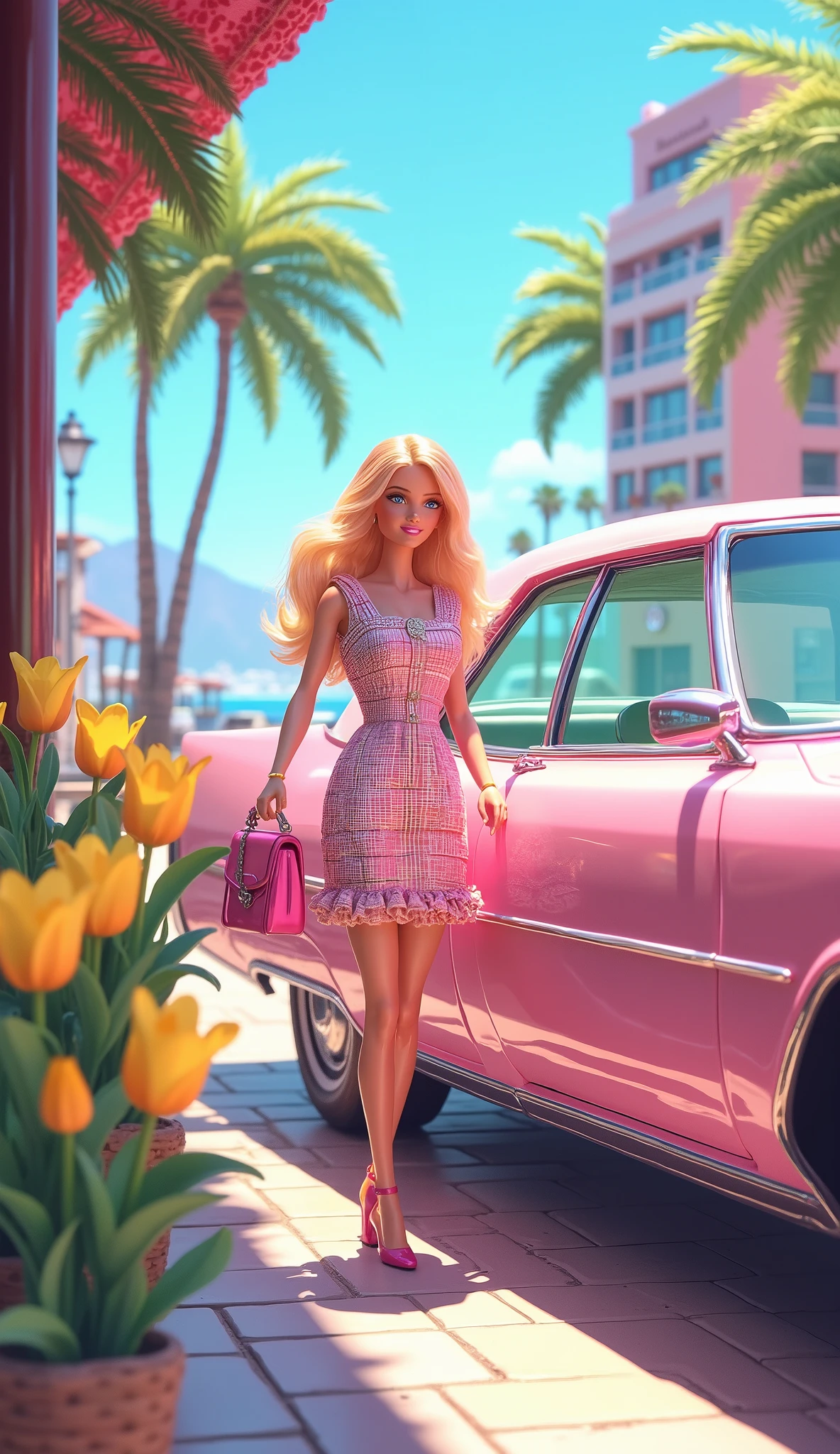 high resolutionの画像で、high resolution ,creates another scene in the same style ,Barbie is now outside the perfume store..,She now has a perfume shop bag,She is going to get in the car soon,her car is a vintage Cadillac、The base colors are pink and white、it's a vintage Cadillac Eldorado,She's wearing a pink and white plaid dress。,The background shows the city of San Diego, California in the 1980s。.The landscape around the military base is full of palm trees and yellow tulip flowers。