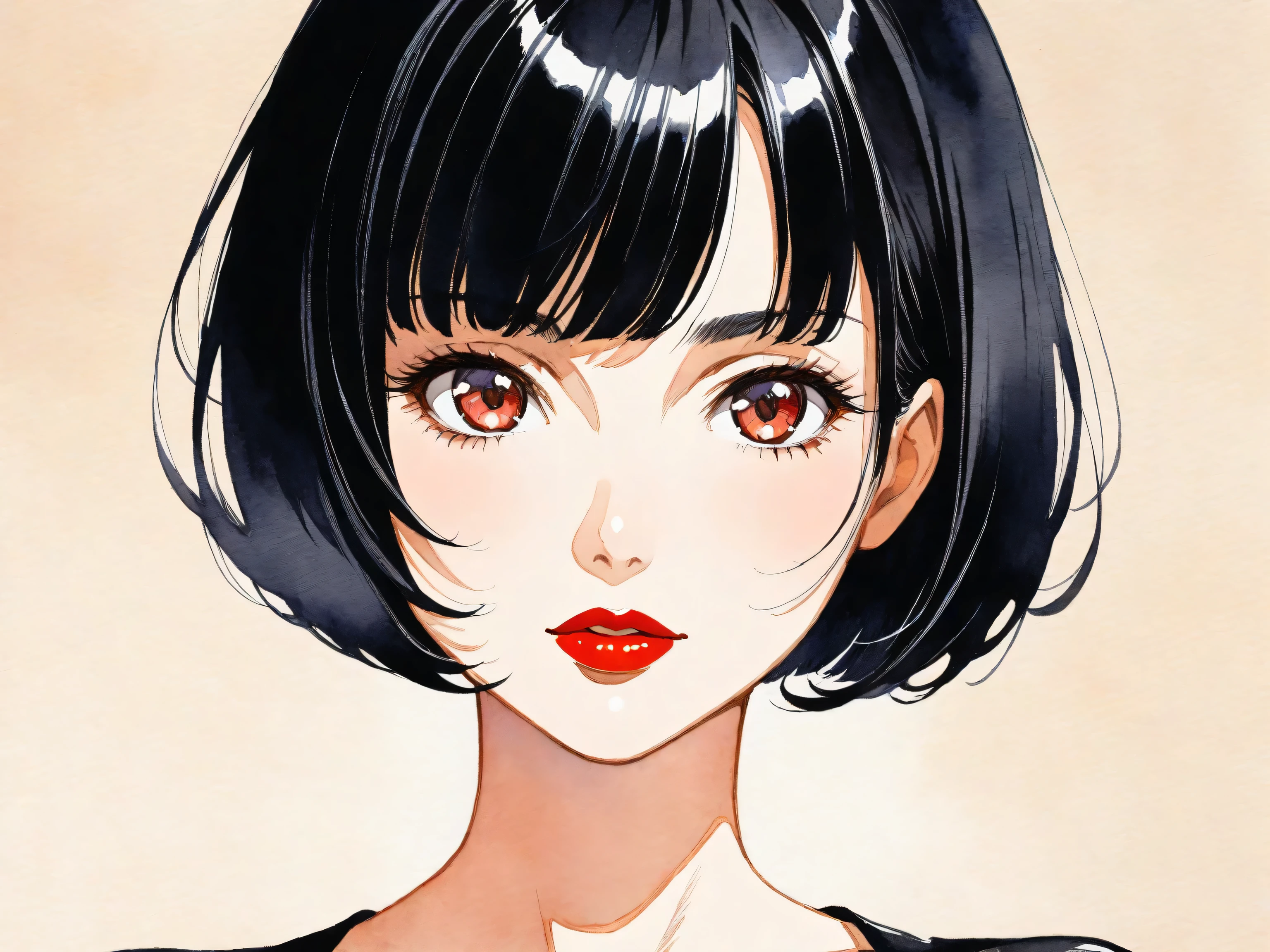 1girl, solo, bob cut, short hair, portrait, closed mouth, looking at viewer, watercolor \(medium\), lips, hatching \(texture\), red lips, shiny skin, perfect breasts, cleavage, plunging neckline, style retro classic, illustrated anime,