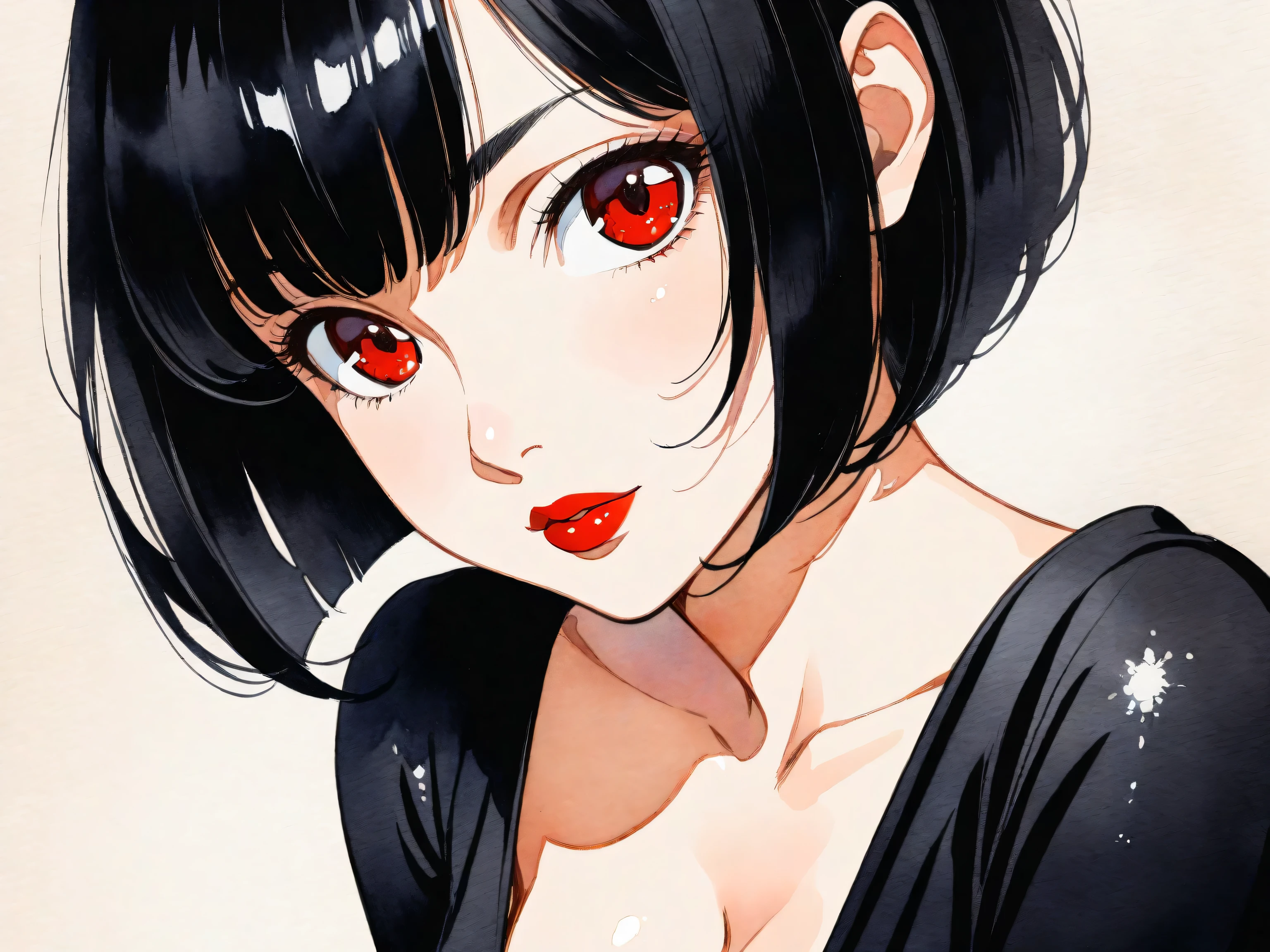 1girl, solo, bob cut, short hair, portrait, closed mouth, looking at viewer, watercolor \(medium\), lips, hatching \(texture\), red lips, shiny skin, perfect breasts, cleavage, plunging neckline, style retro classic, illustrated anime, 