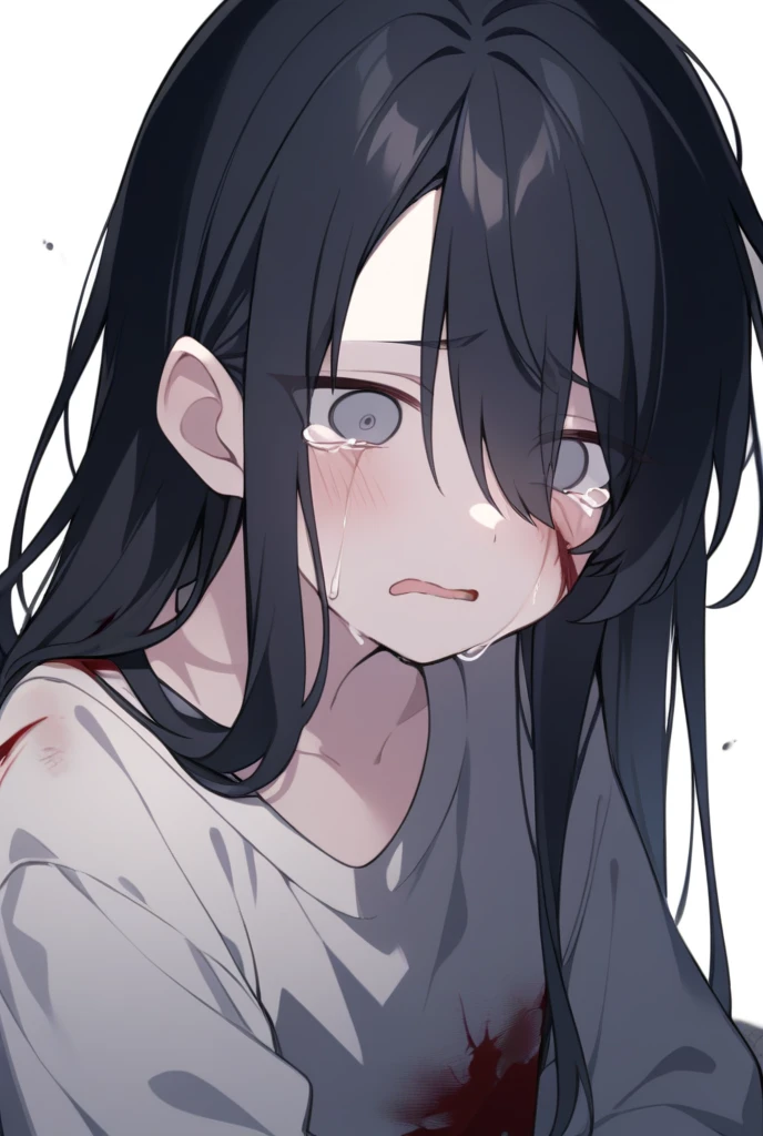 1 teenager, crying blood, dark room, scared face, face in the spotlight, short black t-shirt, hair parted in the middle, scratches on cheek and lip.