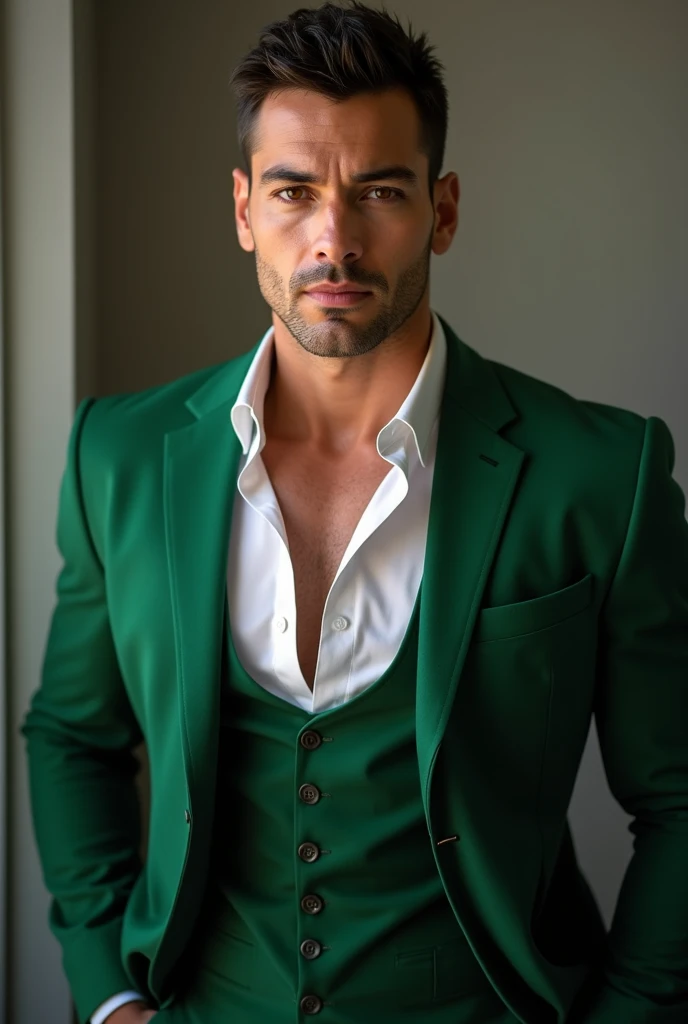 Sorcerer with perfect hairstyle, handsome, sexy, well dressed, green eyes shirtless with brown pants
