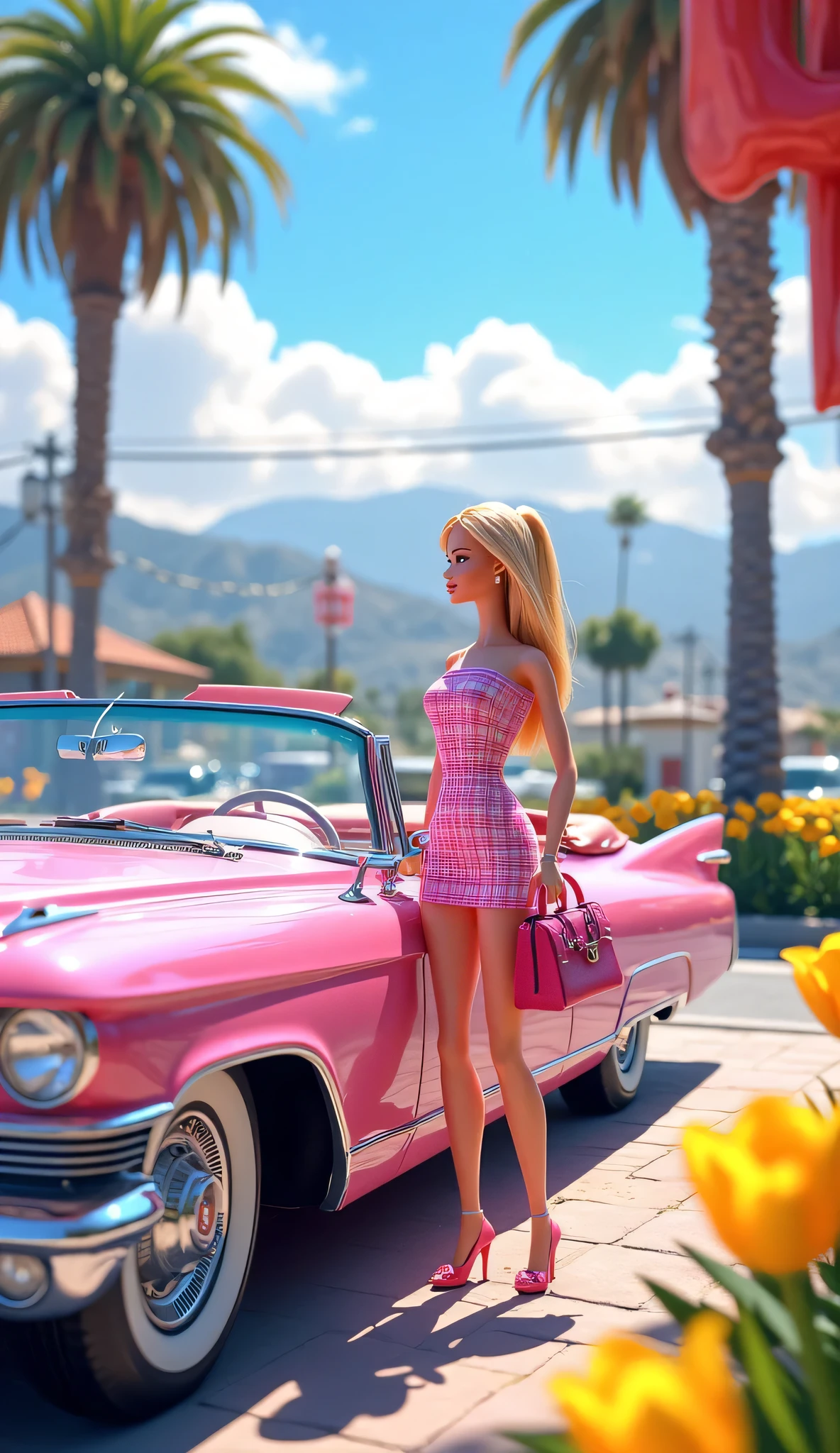 high resolutionの画像で、high resolution ,creates another scene in the same style ,Barbie is now outside the perfume store..,She now has a perfume shop bag,She is going to get in the car soon,her car is a vintage Cadillac、The base colors are pink and white、it's a vintage Cadillac Eldorado,She's wearing a pink and white plaid dress。,The background shows the city of San Diego, California in the 1980s。.The landscape around the military base is full of palm trees and yellow tulip flowers。