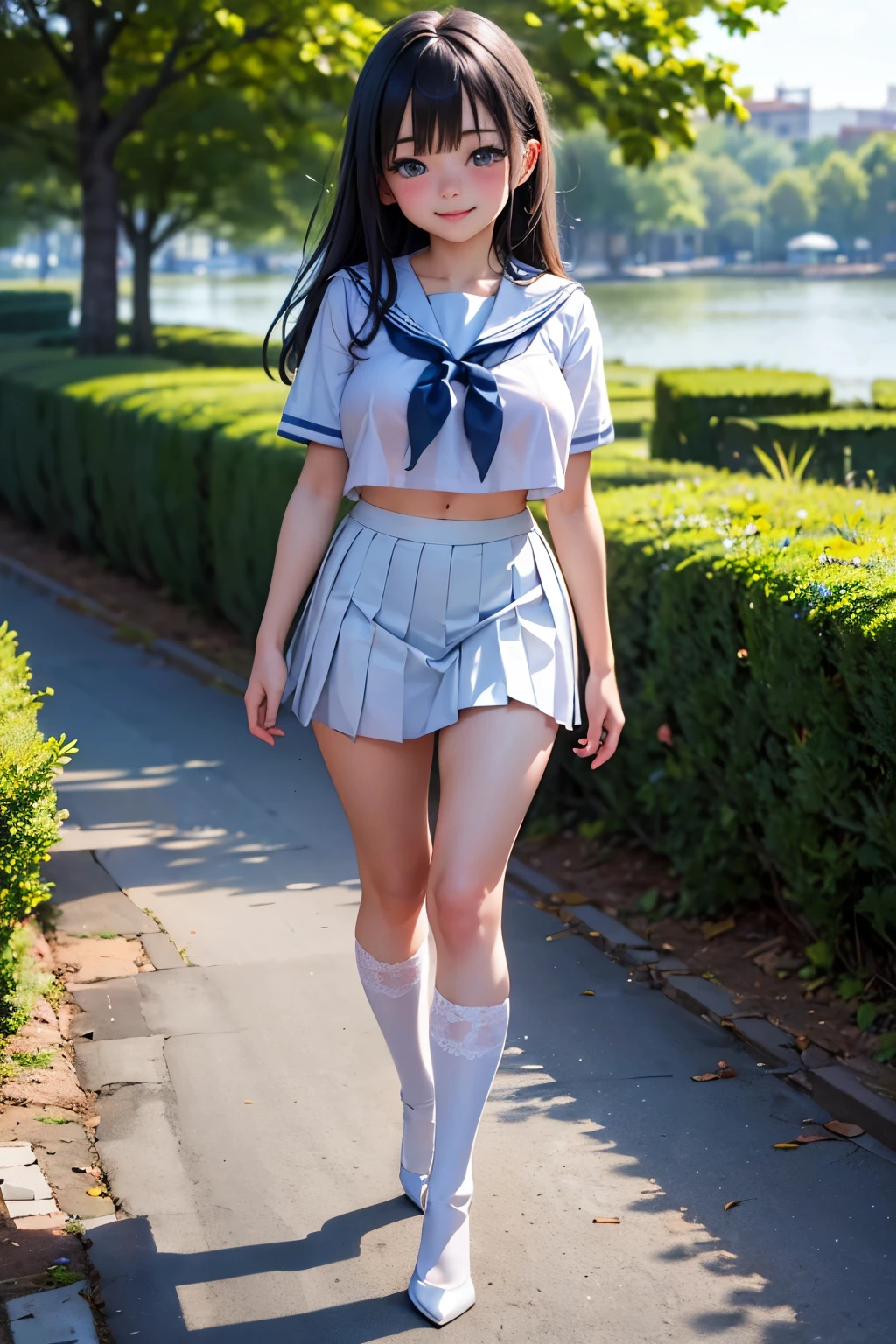 Nino Nakano riendo,pose sexy,ropa deportiva,sudor,field with trees,Swayback stance,Photorealistic, high-quality 32k photo of a beautiful Japanese girl in a playful sundress, with detailed eyes and a lively smile, sitting on a picnic blanket in a park. She’s wearing a Sailor suit, with High socks and loafers her hair in a loose braid. The image captures her surrounded by nature, with a focus on her cheerful demeanor and the peaceful greenery around her.(Flirtingly lifting her skirt to show her panties:1.3),(stick out butt:1.3)