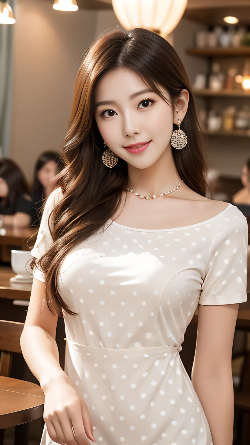 anatomically correct 5 fingers beautiful Korean woman in front of the machine wavy hair (((round neck polka dot short sleeve dress))) earrings thin necklace sensual bodies camera At the cafe restaurant cute charming smile