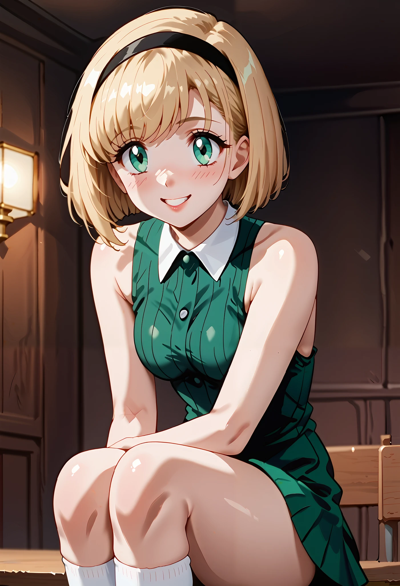 (dynamic angle, wide view, wide-angle lens, extremely detailed, CG, 8k Amazing, finely detail)), (intricate details, depth of field), 8k UHD, (masterpiece, best quality), ((amazing quality,very aesthetic,absurdres,best quality,newest, masterpiece)), ultra detailed, best quality, beautiful face, perfect anatomy, anatomically correct, athletic sexy body, Expressiveh, (cute face, cute body))), ((happy girl, proud to show her body)), ((((Miki H, blonde hair, bobcut, short hair,bangs, green eyes, black hairband, large breast, green striped shirt, sleeveless shirt, white collar, plaid pink miniskirt, white socks))), ((large breasts, slim sexy body, curvy hips, seductive pose, flirting, naughty face, blush)), (((looking at viewer, happy smile, joy, cowboy shot, dynamic pose)))), curvy, toned, athletic, sitting, arms on table, crossed legs, upskirt, ((((profile shot)))), (((seductive pose, sexy pose, cowboy pose)), indoors,((hourglass figure)), ((pinup pose, seductive pose,dynamic pose, seductive), ((precise face and eyes:1)) , ((looking at back, full body shot, hourglass figure, wide hips)))), fantasy, outdoors, ((highly detailed, highres, 8k, uhd, High Dynamic Range, tonemapping, crisp details, intricate details, fine details)), ((highly detailed skin texture, finely detailed hair, perfect face, perfect body, perfect hair, perfect anatomy, portrait)), finely detailed skin, sharp focus, (cinematic lighting), collarbone, night, soft lighting, dynamic angle, Side View, Shot From Side, Low View,, (side_view_perspective:1.3)