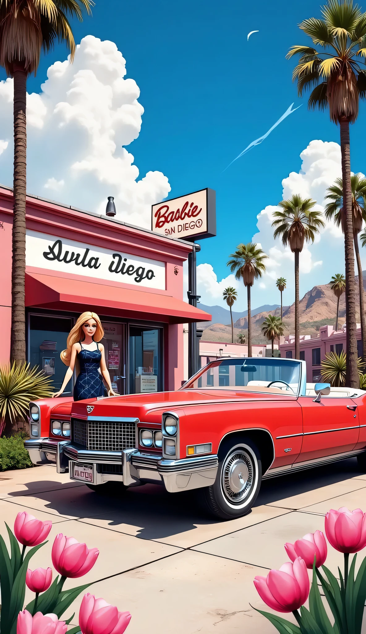 high resolutionの画像で、high resolution,I'll create another scene in the same style,Barbie is outside the perfume store now..,She is now、 I have a perfume shop bag ,She is going to get in the car soon,Her car is a red vintage Cadillac、The base colors are pink and white、It's a red vintage Cadillac Eldorado,She's wearing a dark blue and white plaid dress。、The background shows the city of San Diego, California in the 1980s。.The landscape around the military base is full of palm trees and pink tulip flowers。