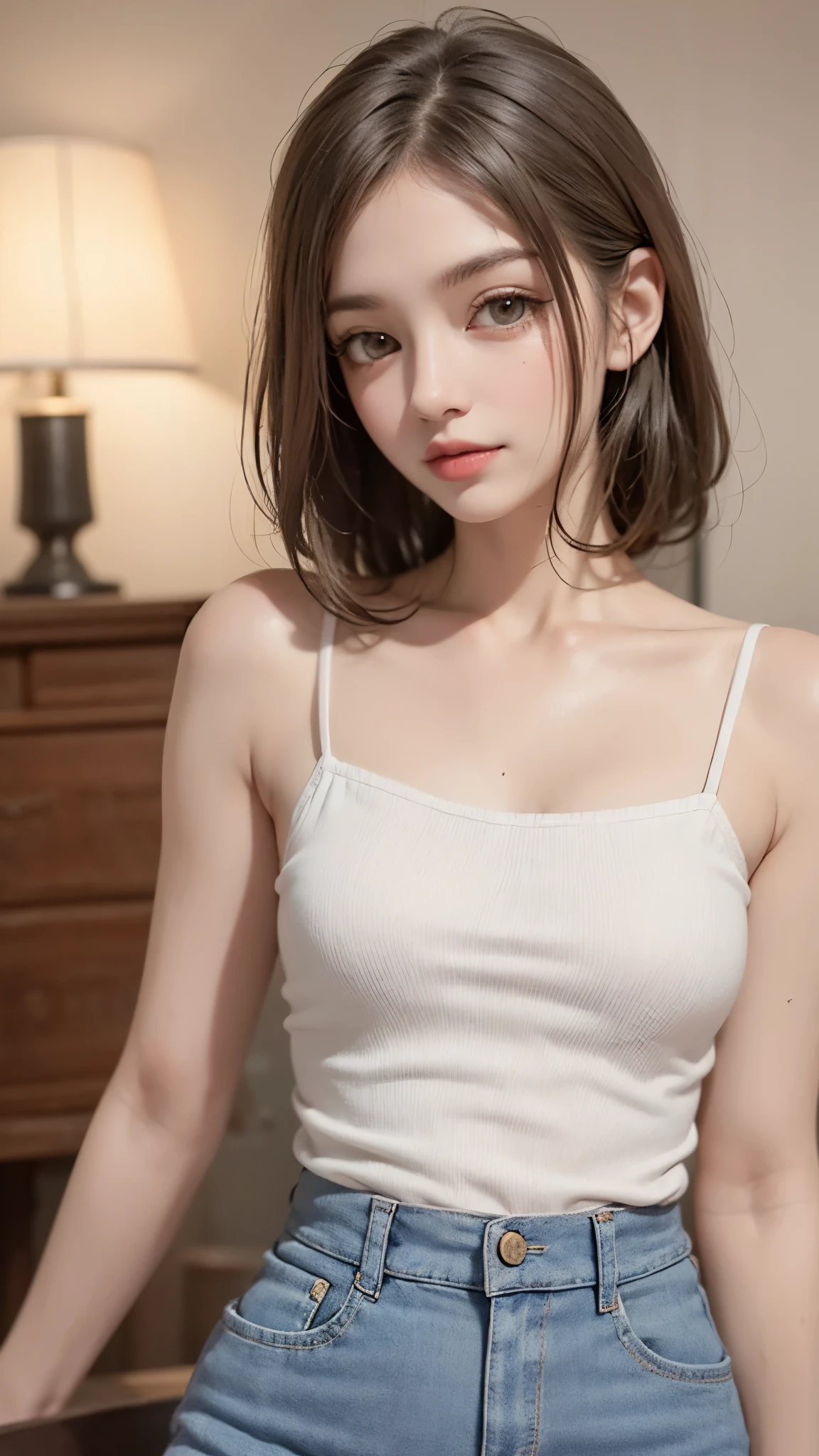 Masterpiece, best quality, super fine, 16k, incredibly absurdres, extremely detailed, beautiful woman, amorous and lewd expression, glossy white-gold messy short hair, side braided, She is wearing a loose-fitting tank top, and mini skirt, superlative body proportion,bedroom,