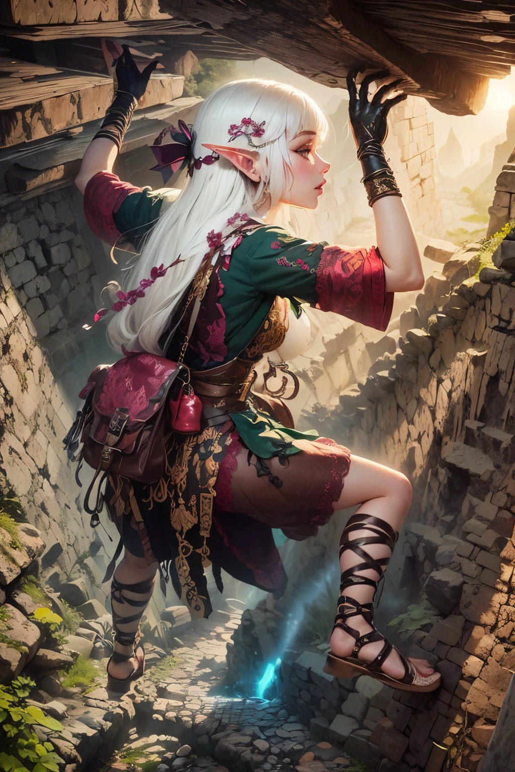 (Ultra-detailed face, Looking away, Gothic Illustration, Dark tone colors. She has five fingers on her hands and five toes on her feet.), BREAK
(Spring daytime when the sun shines brightly. A haze hangs in the air. Ancient stone ruins that create a mysterious atmosphere. Petals of spring flowers are dancing in the air.), BREAK
(A female dark elf adventurer is moving along a wall through a narrow passageway piled with stones. Her arms and legs are outstretched, and she hangs her limbs on the clues of the stone wall in a daring pose.), BREAK
(She has pure white hair, pure white eyebrows, blunt bangs, hair reaching to her waist that waves in the wind, small pink lips, lavender eyes, dark purple skin, and thick eyeliner. She enjoys adventure.), (She wears a traditional short, dark green, medieval European-style lace-up dress with cherry-red lace ribbon tie and embroidered cherry blossoms, and brown leather laced sandals.)