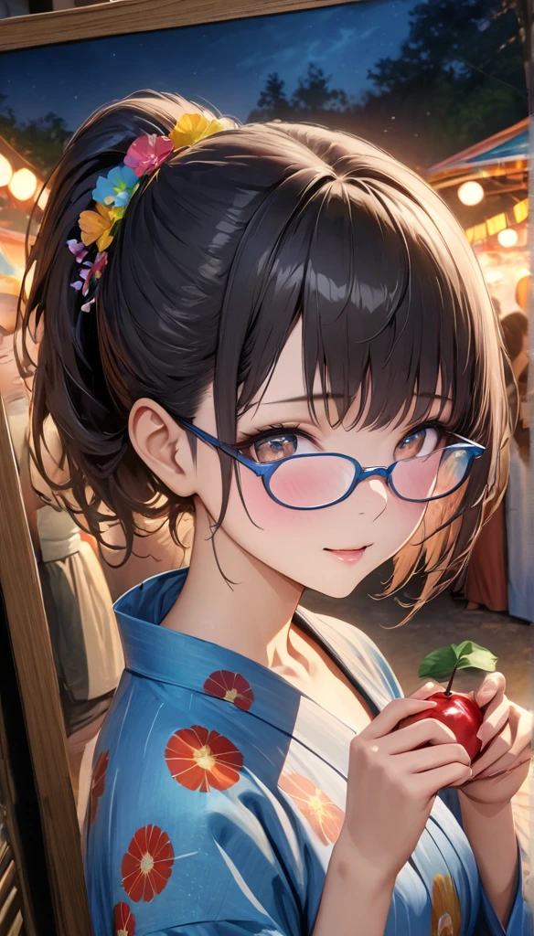 (masterpiece, highest quality:1.4), Beautiful Face, 8k, 85mm, Absurd, (Floral Yukata:1.4), Face close-up, violet, Gardenia, Delicate girl, alone, night, View audience, Upper Body, Film Grain, chromatic aberration, Sharp focus, Face Light, Professional Lighting, Sophisticated, (smile:0.4), (Simple Background, Bokeh Background:1.2), detailed aspects,(((Showing one nipple:0.57))),((Very young and small:1.2),(Pink glasses and a flower in her hair:1),((Show your vagina:1.5)),