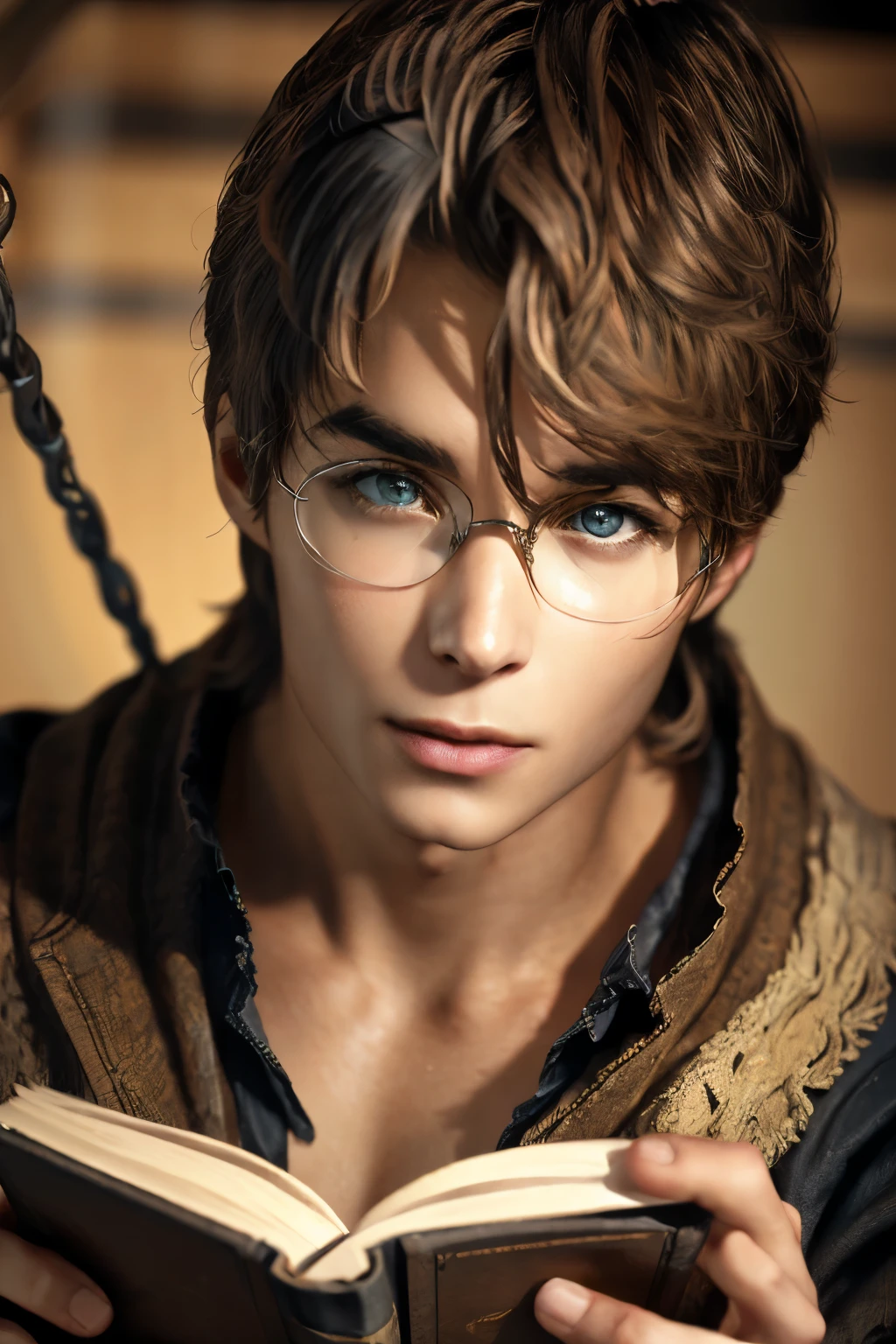 dark brown hair and big dark brown eyes((Brown eyes with a strong hanging angle))healthy tan and smooth skin((精密細密なplain glasses))A 30-year-old man is an advanced wizard(smooth skin thin chin and cheeks)read a very large magic book(Dark brown dyed hair)A magical room with neon-glowing magic squares and magic tools、read a very large magic book((Relaxed fantasy outfits))Precise, detailed, large brown eyes、from above