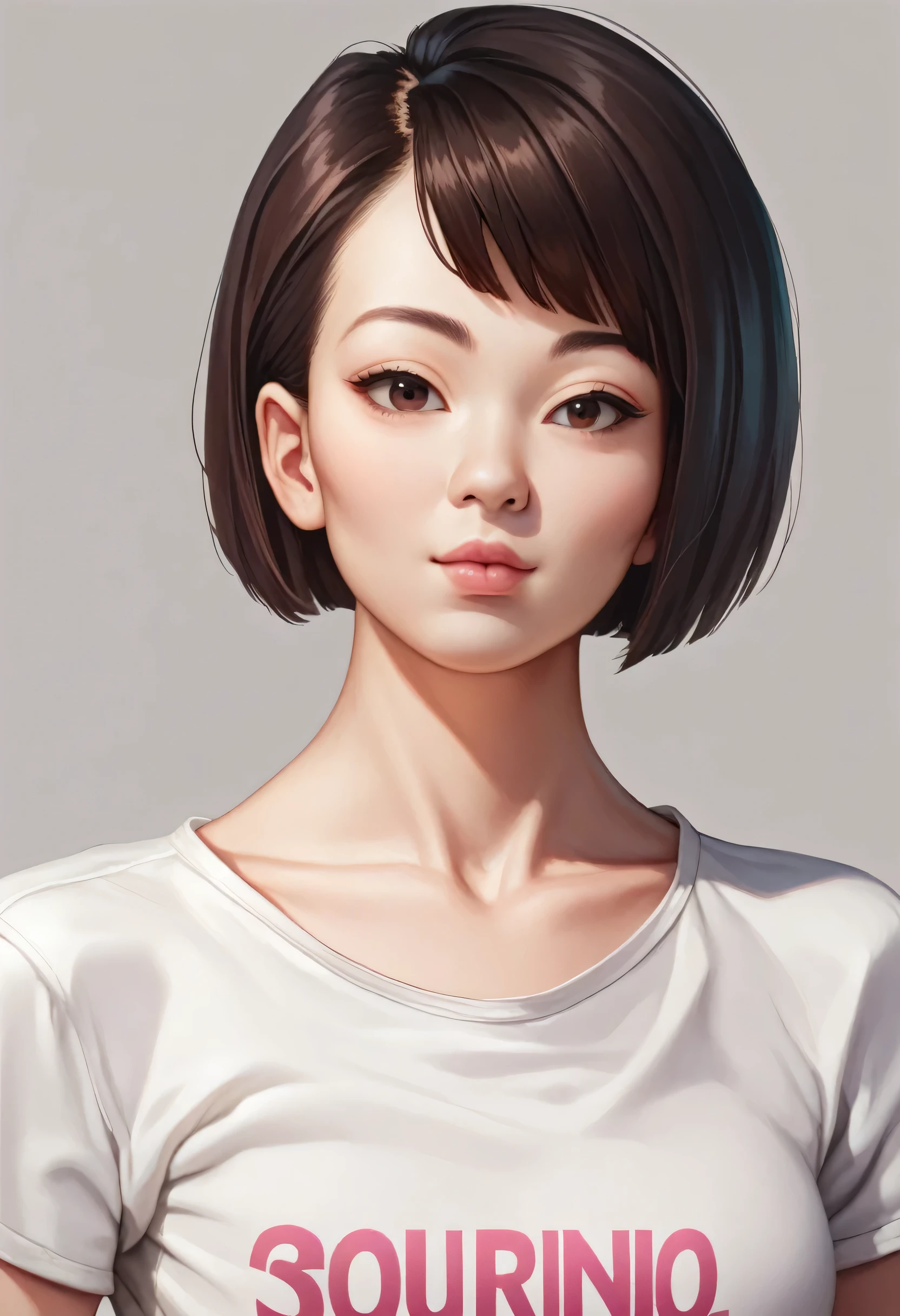 1girl, realistic, solo, grey background, lips, short hair, nose, shirt, asian, collarbone, looking at viewer, simple background, artist name, white shirt