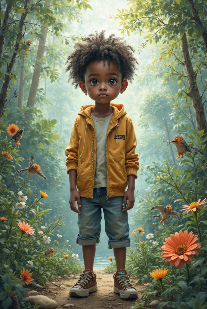Pintura de Jean-Baptiste Monge depicting a black boy with a small surveying penguin dressed in shorts and beach shirt looking at the stars at night, (Estilo Pixar)++, Jean-Baptiste Monge, No post-apocalyptic city --Ar 2:3 --testp -otimista; --auto --s2
