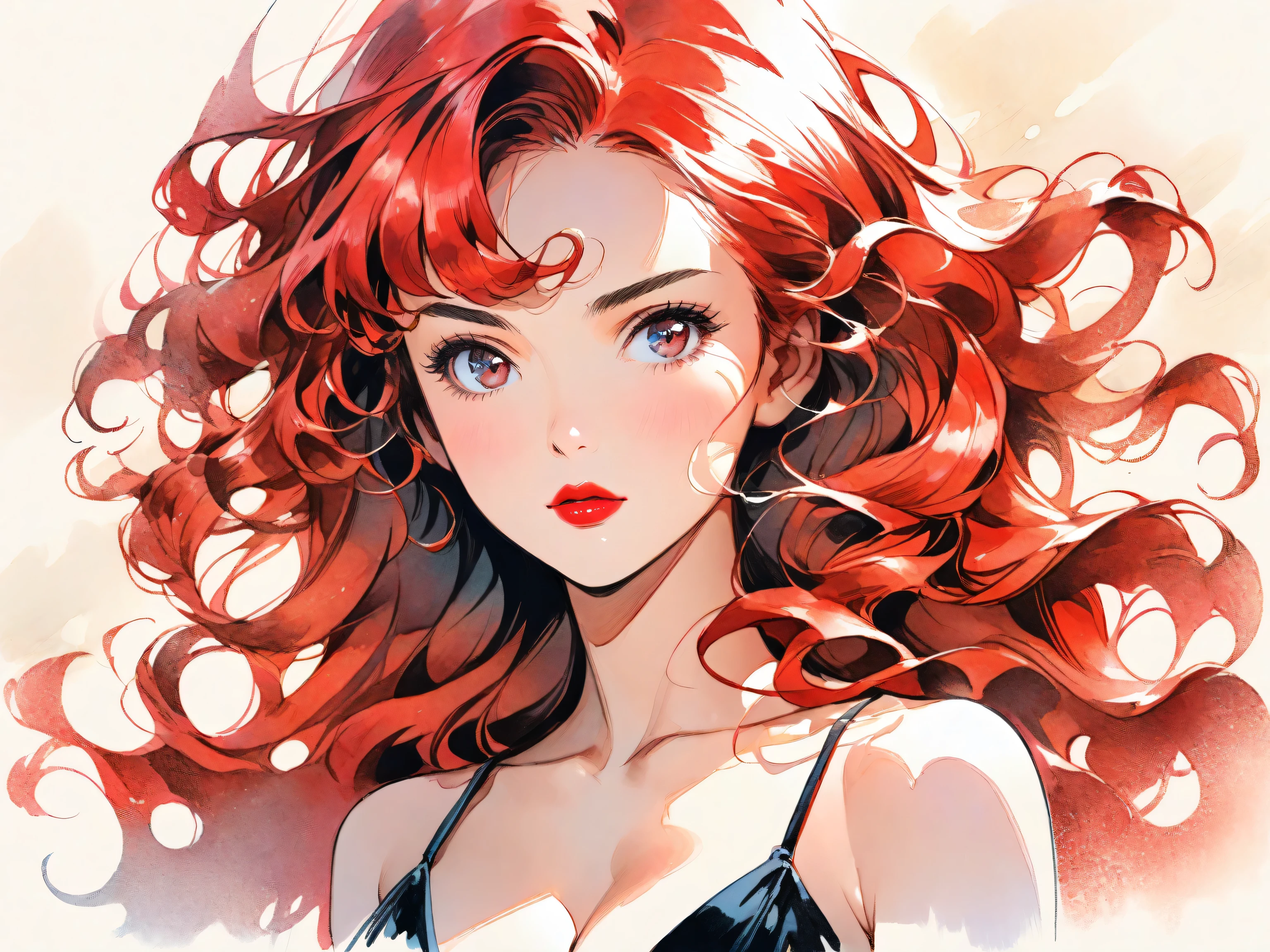 1girl, solo, long hair, wavy hair, curly hair, windblown hair, portrait, closed mouth, looking at viewer, watercolor \(medium\), lips, hatching \(texture\), red lips, shiny skin, perfect breasts, cleavage, plunging neckline, style retro classic, illustrated anime,