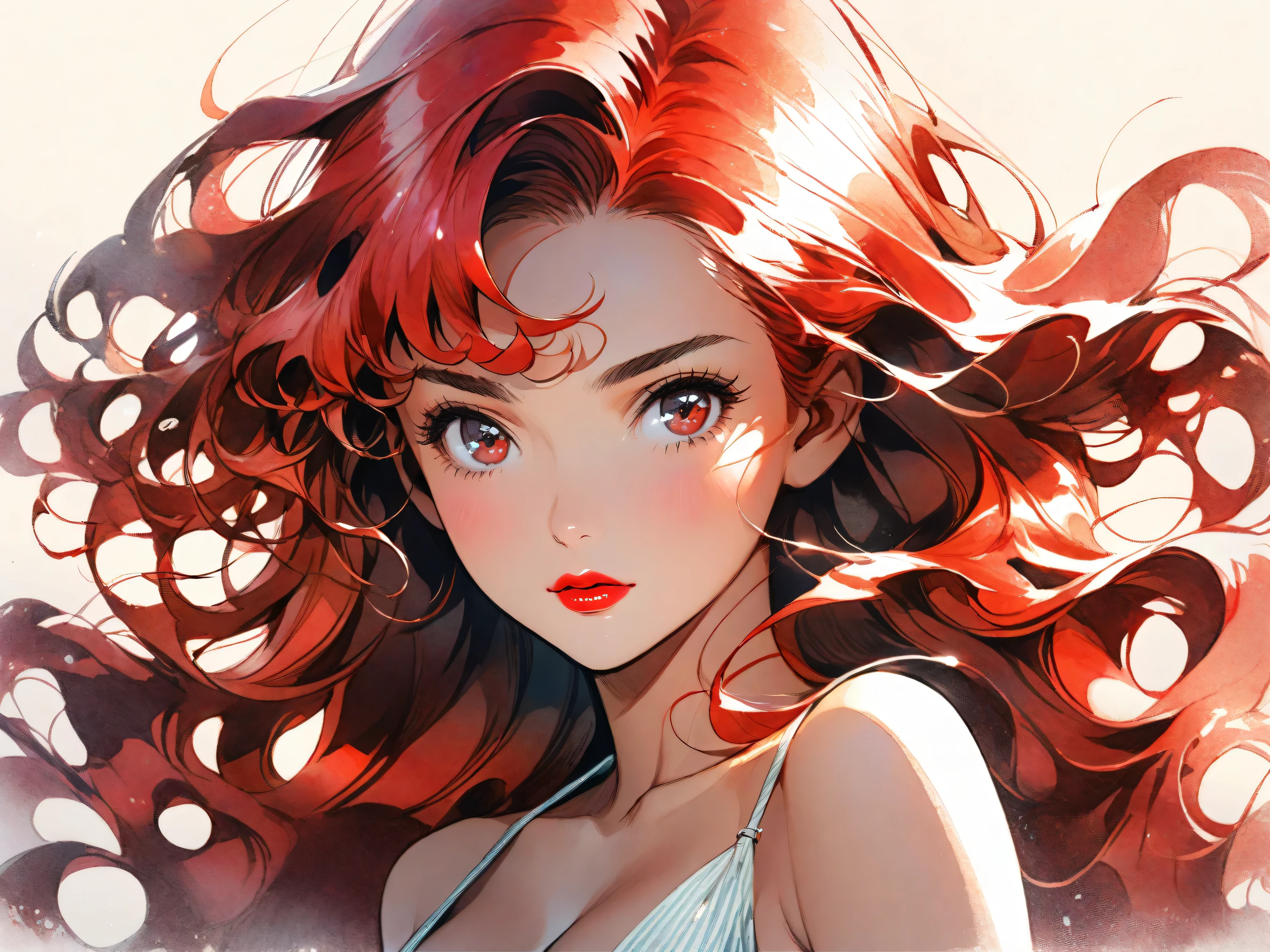1girl, solo, long hair, wavy hair, curly hair, windblown hair, portrait, closed mouth, looking at viewer, watercolor \(medium\), lips, hatching \(texture\), red lips, shiny skin, perfect , cleavage, plunging neckline, style retro classic, illustrated anime,