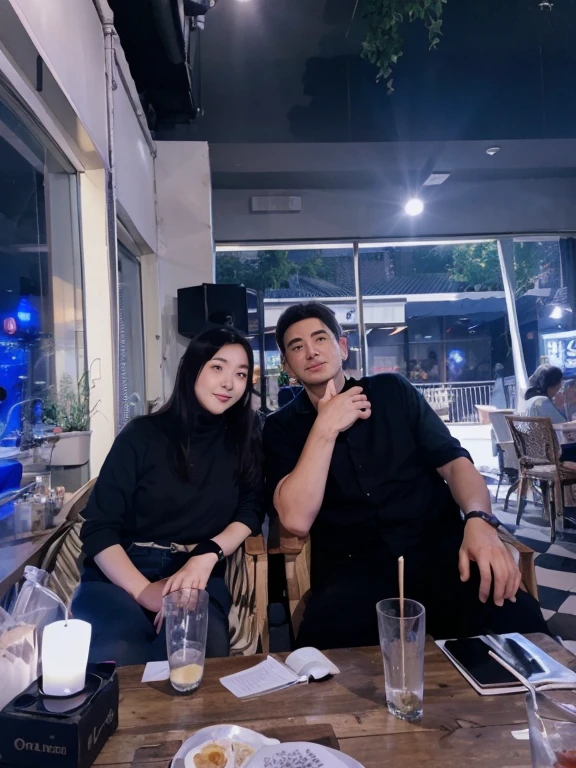 Couple in love sitting at a table in the chic restaurant, on the left side, Jungkook from BTS, Korean male face and on the right Gabriela Versiani Brazilian Famale Face.