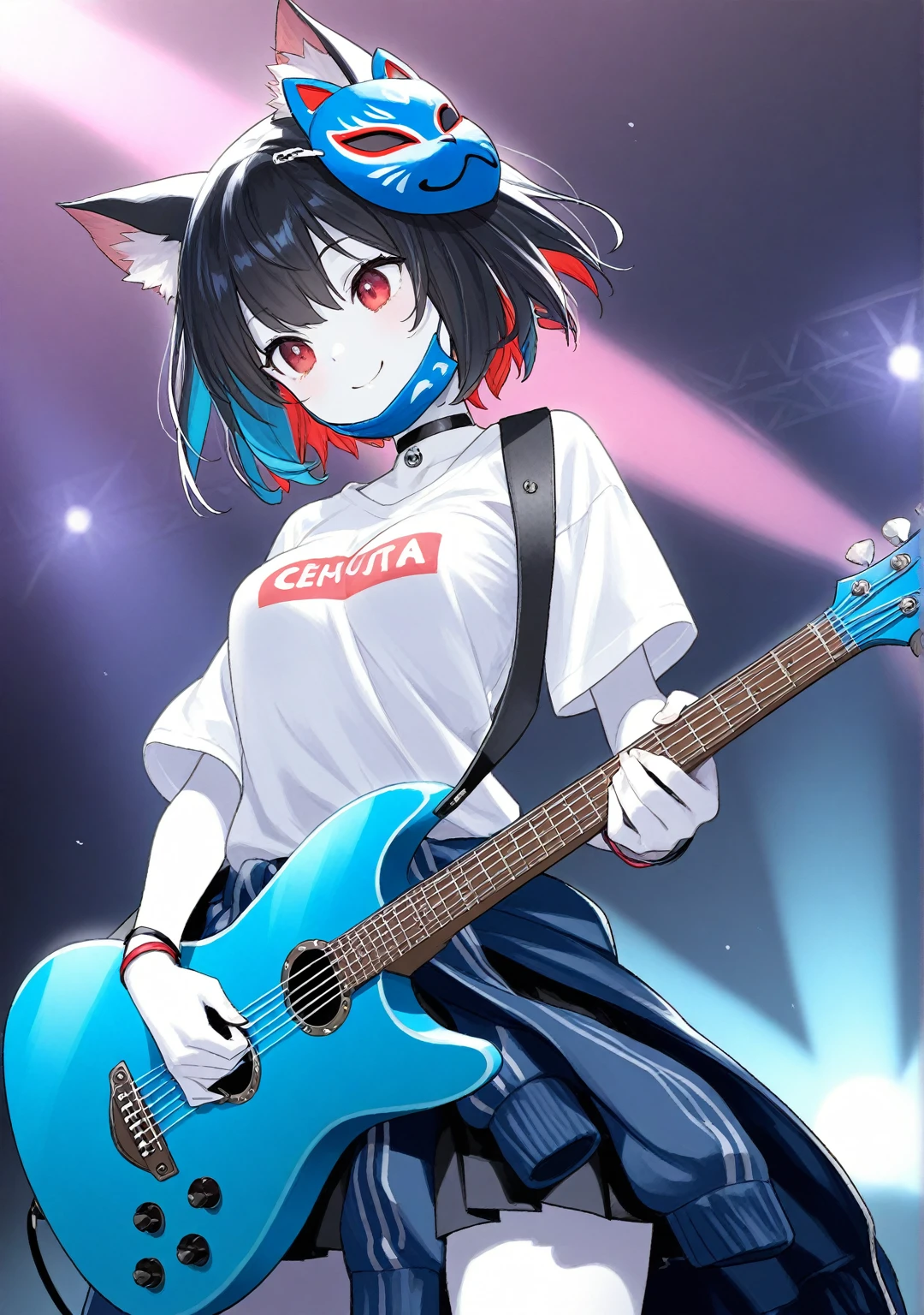 ((best quality)), ((masterpiece)), (detailed), 1girl, cat ears, two tone hair, white skin, red eyes, smile, holding guitar, mask below chin, choker, white shirt, blue guitar, jacket around waist, playing guitar, medium breasts,