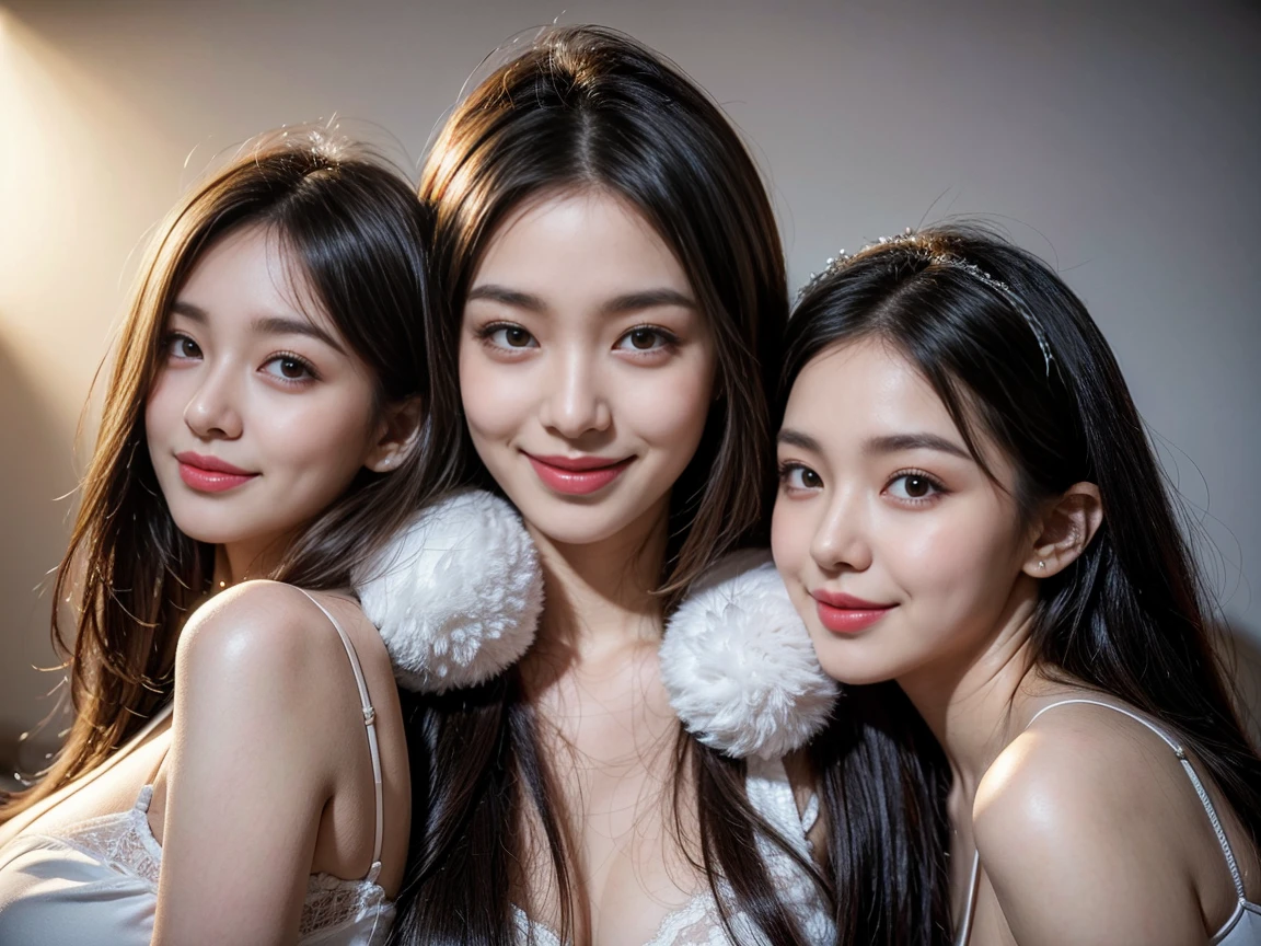 ((Highest quality, 8k, Tabletop:1.3, 2 girls, beautiful girl)), cute, dynamism, Detailed face, Detailed skin, Detailed eyes, Detailed lips, Detailed fingers, Mouth details, Detailed teeth, Detailed tongue, Round eyes, Tear bags, Realistic, RAW Photos, Natural light, Perfect Anatomy, High resolution, Sticking out tongue, ((White liquid on the tongue:1.3)), Gold color background, chest, twin color hair, Sitting, I feel