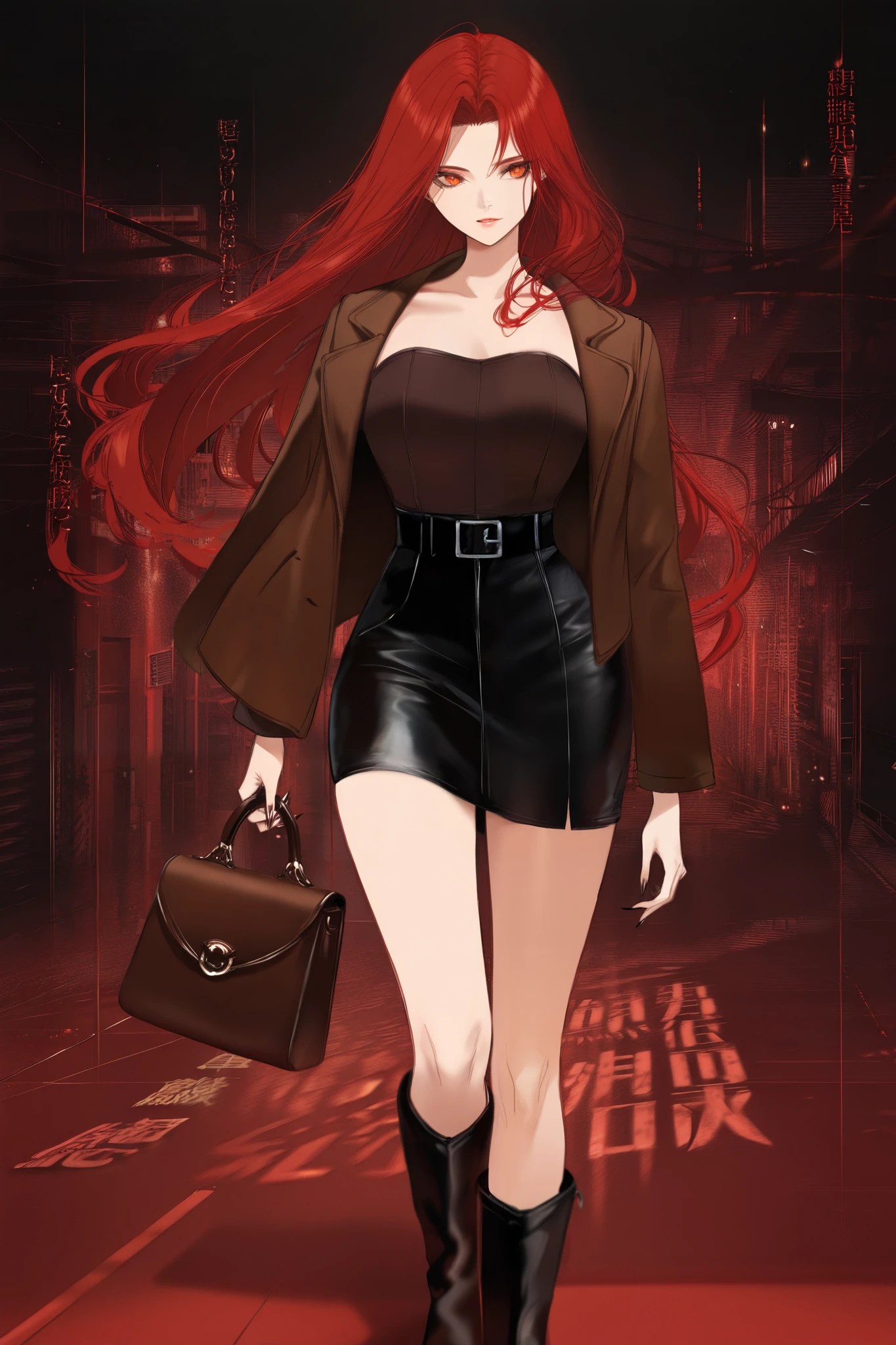 masterpiece, best quality, amazing quality, newest, very aesthetic, 1girl,Image is a stylized digital illustration featuring a female character with a confident pose. She has fair skin and long, flowing red hair. Her facial features are sharp and defined, with a focused expression. She is wearing a fashionable outfit consisting of a brown fur-lined jacket, a strapless top, a short black skirt, and knee-high black boots. She carries a brown handbag in her left hand. The background is a collage of various text and graphic elements in red, black, and white, creating a dynamic and urban aesthetic. The overall composition is vibrant and edgy, with a mix of modern and retro influences.
