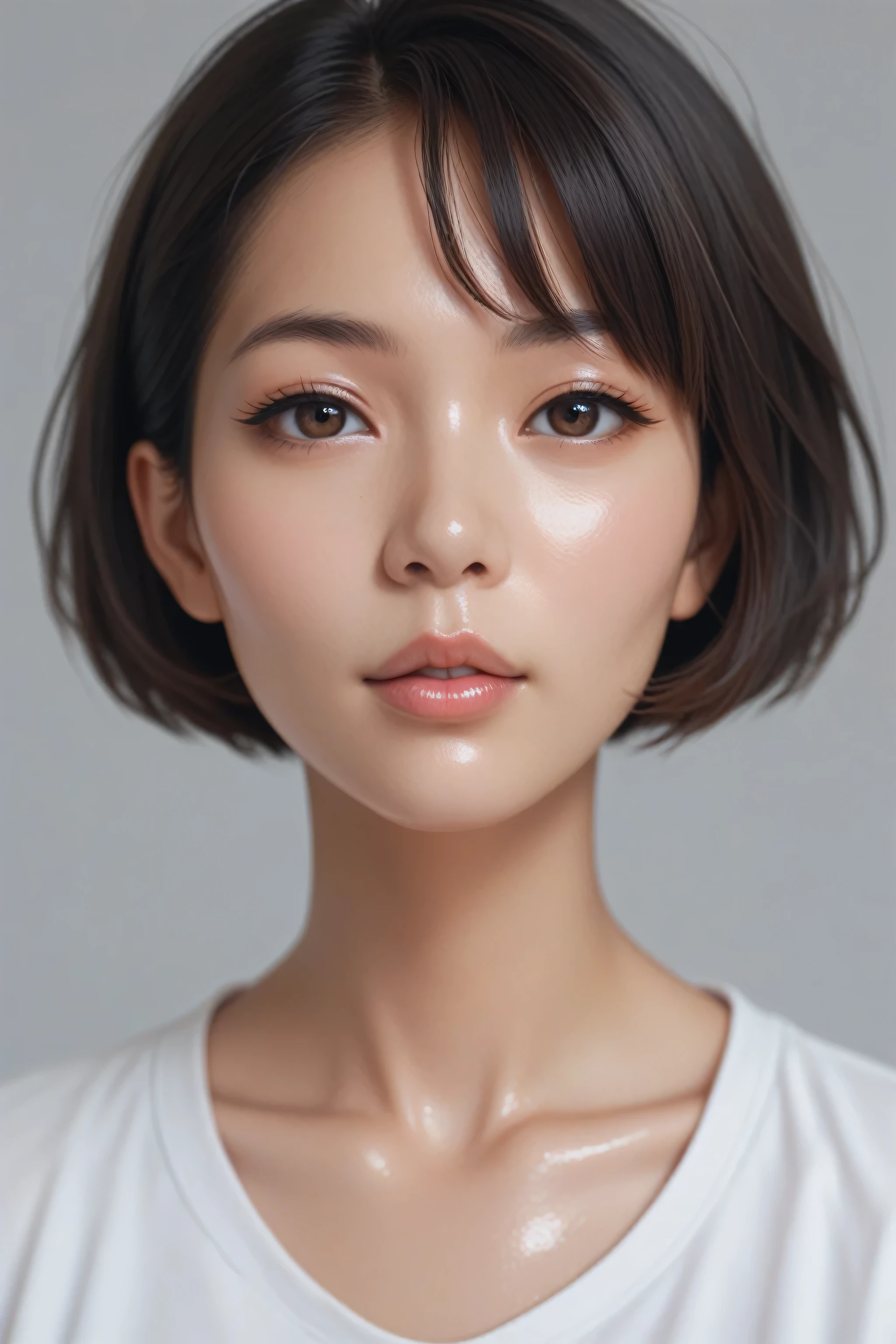 1girl, solo, grey background, lips, short hair, nose, shirt, asian, collarbone, looking at viewer, simple background, artist name, white shirt, shiny skin