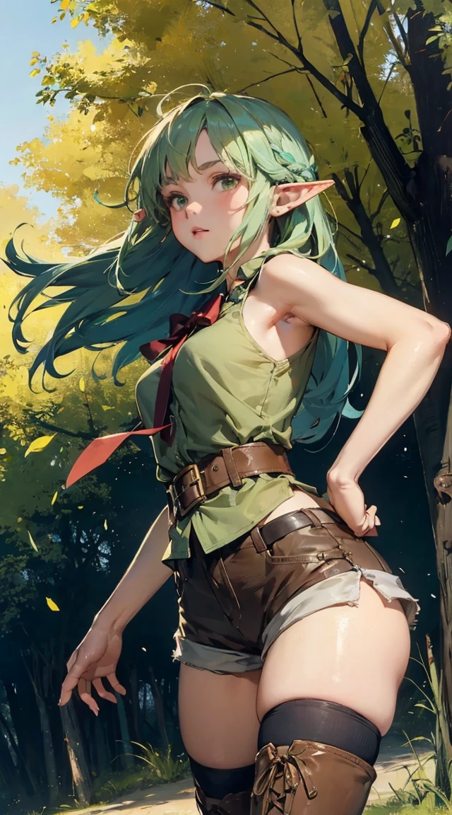 best quality, (masterpiece), Solitary, 1 Girl, us_Erindale,Green Eyes, Green Hair, 1 Girl,((whole body)),anatomically correct,Turn your back to the camera,Kneeling on the grass,Big ,Solitary, Pointed ears, Elf,angry expression,Bulging mouth, Pout ,shy,blush,Stare at this person,Lean forward,looking into camera,Pants slide down to knees,Expose panties,Expose your ass egg