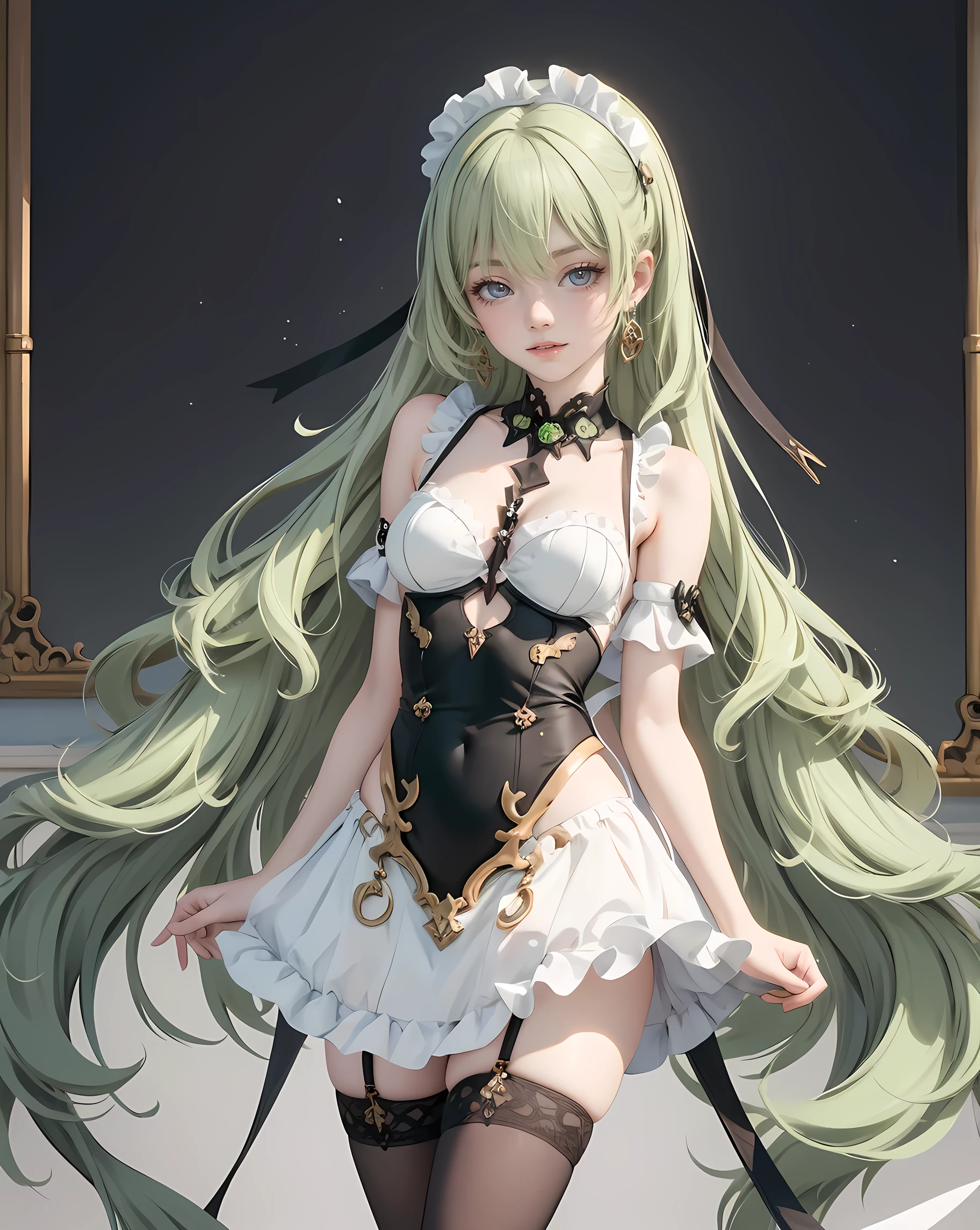 1girl, green hair, harness, white cropped, black skirt, chinese maid design, solo, ponytail, symmetrical gloves, high socks, harness, chinese maid dress, v neckline, garter on the legs, stand up, white apron, maid dress, chinese maid, chinese aesthetic, thigh gap, harness, very long hair, solid background, chinese maid uniform, full body, too many frills in her dress, magical girl, perfect anatomy, gold jewelry, harness, jewelry, Cute pose, beautiful ponytail, tassel, glow eyes, long hair with long waves hair and bangs, high thigh, frills, harness, chinese maid uniform, chinese maid dress, white apron, garter on the legs, gold jewelry, solid background, stand up, blushing, maid headdress, chinese maid dress with too many frills, Chinese aesthetic, flare skirt, harness, centered girls, full body, glowing hair, magical girl, more details on her clothes, golden details on her dress, harness