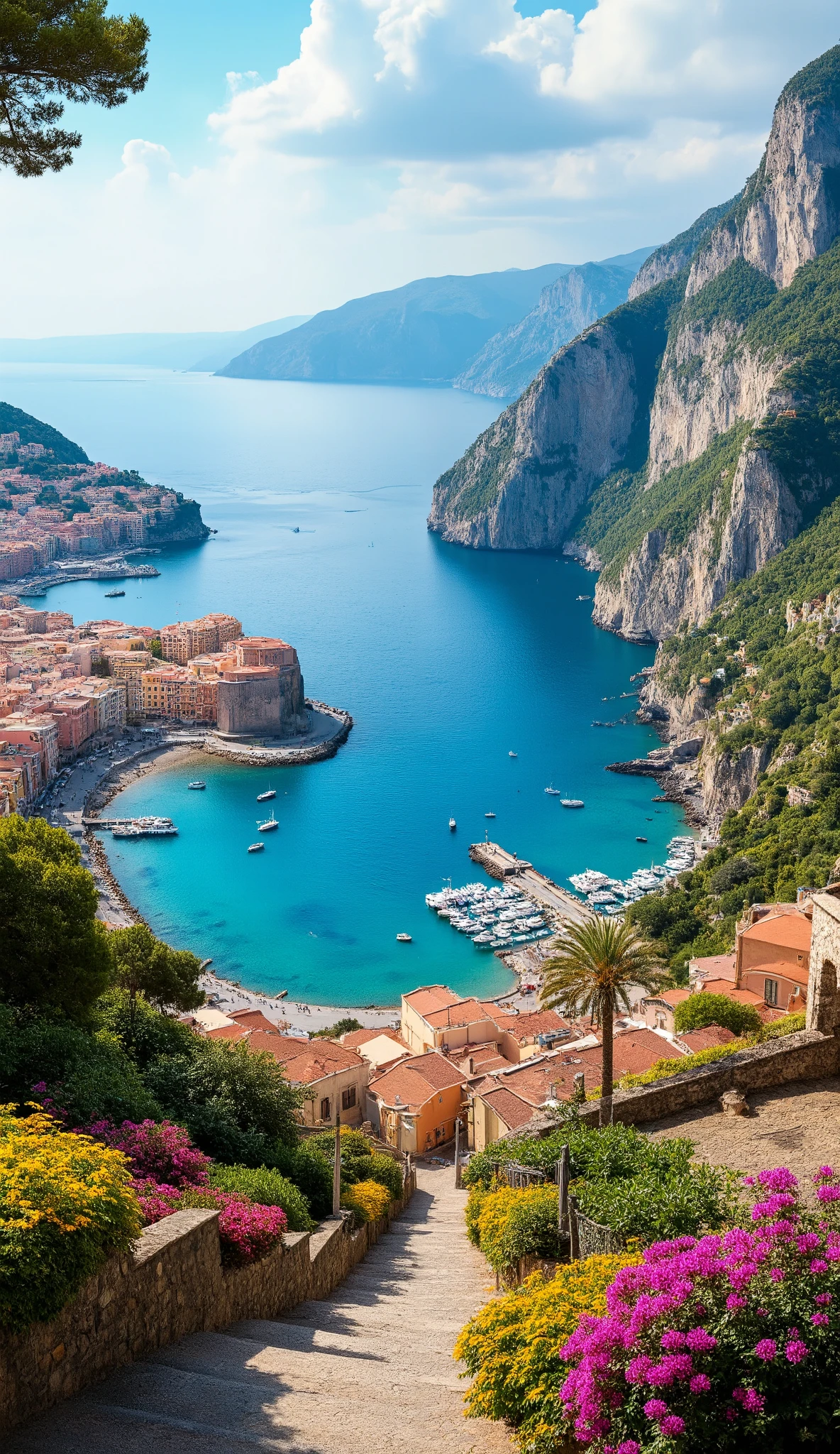 masterpiece、Best Quality DVD、Good Seasonal Scenery Images of Italy、Detailed CG Unity 8K Wallpaper、Port of Naples、Overlooking the Port and the City、Boat、beautiful colored seascapes、Houses and Buildings、colorful flowers、cliff、nature、Glamorous City Area、Port of Naplesが詳細に書かれており、high resolution、PHOTOREALISM、very detailed、complicated、High detail、Dramatic、Scenery Seen from Above。

