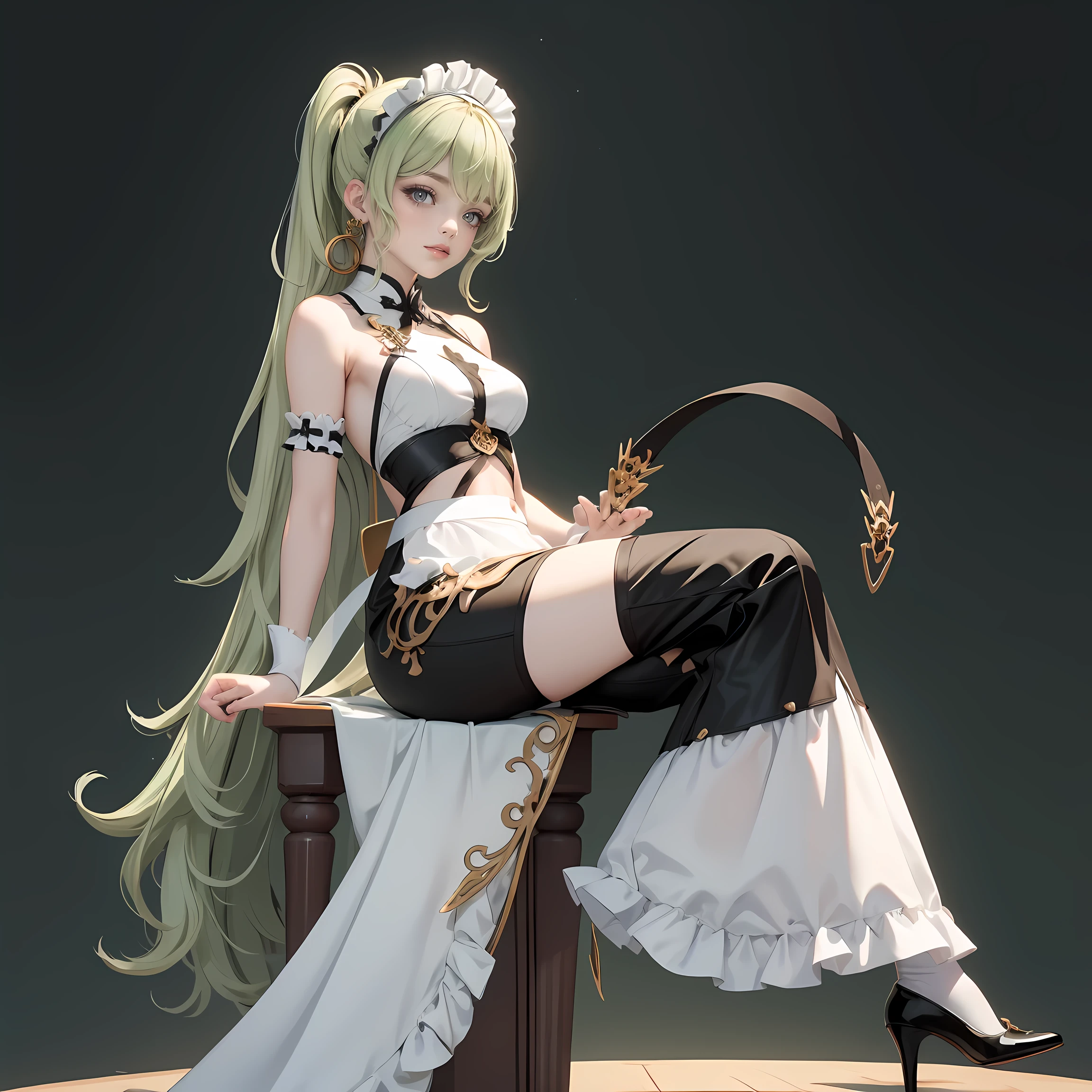 1girl, green hair, harness, white cropped, black skirt, chinese maid design, solo, ponytail, symmetrical gloves, high socks, harness, chinese maid dress, v neckline, garter on the legs, stand up, white apron, maid dress, chinese maid, chinese aesthetic, thigh gap, harness, very long hair, solid background, chinese maid uniform, full body, too many frills in her dress, magical girl, perfect anatomy, gold jewelry, harness, jewelry, Cute pose, beautiful ponytail, tassel, glow eyes, long hair with long waves hair and bangs, high thigh, frills, harness, chinese maid uniform, chinese maid dress, white apron, garter on the legs, gold jewelry, solid background, stand up, blushing, maid headdress, chinese maid dress with too many frills, Chinese aesthetic, flare skirt, harness, centered girls, full body, glowing hair, magical girl, more details on her clothes, golden details on her dress, harness