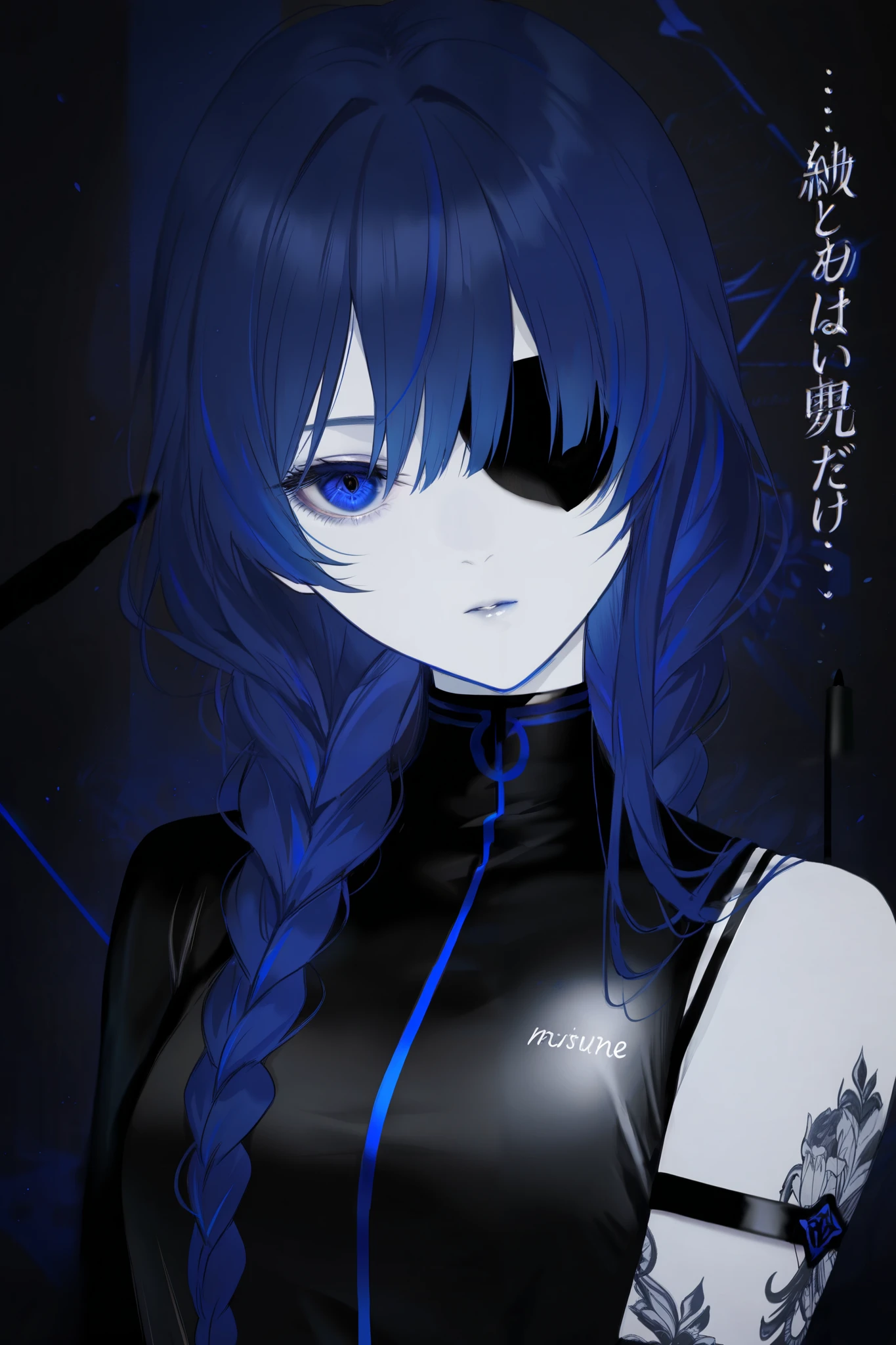 masterpiece, best quality, amazing quality, newest, very aesthetic, 1girl,Image is a digital illustration featuring a stylized character with a distinct cartoonish appearance. The character has pale skin and striking blue hair styled in long braids. They are holding a black marker and writing on their arm, which is covered in various awards and accolades written in a handwritten style. The text includes phrases like 'best writing,' 'best voice acting,' and 'best character design,' among others. The character's expression is focused and intense, with one eye covered by a black patch. The overall color scheme is monochromatic with blue accents, creating a dramatic and bold visual impact. The background is dark, enhancing the character's features and the vividness of the blue hair