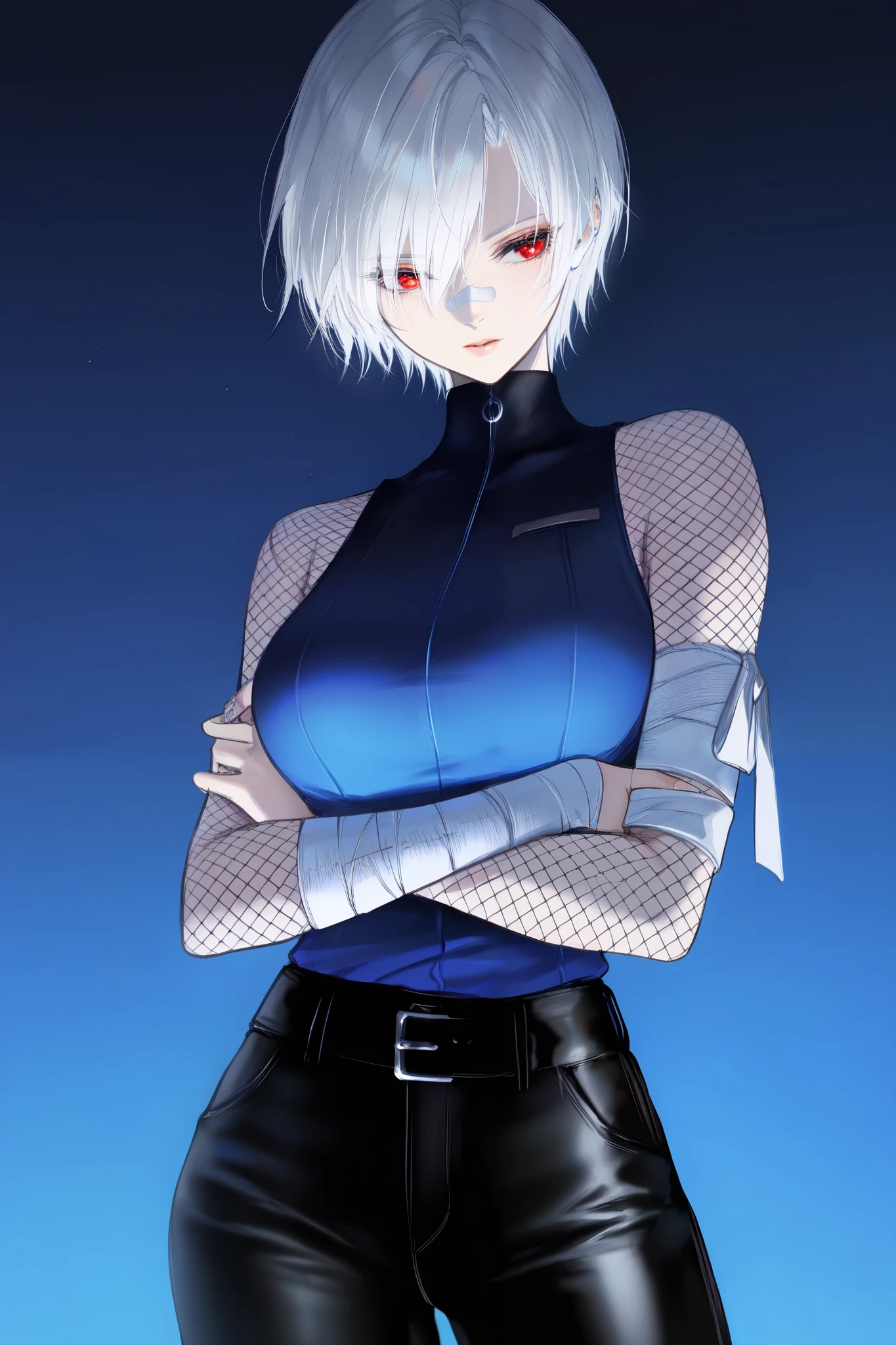 masterpiece, best quality, amazing quality, newest, very aesthetic, 1girl,Image is a digital illustration featuring a stylized character with a dynamic pose. The character has short, white hair and a light skin tone, with a confident expression. They are wearing a blue top and black pants, with distinctive white fishnet sleeves covering their arms. A bandage is placed across the bridge of their nose. The background transitions from a deep blue at the top to a lighter gradient towards the bottom, creating a striking contrast with the character's attire. The overall composition is bold and vibrant, emphasizing the character's expressive posture and unique style