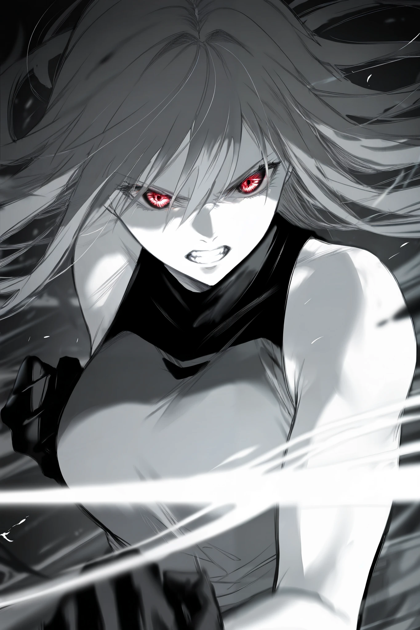 masterpiece, best quality, amazing quality, newest, very aesthetic, 1girl,Image is a dynamic, monochromatic anime-style illustration featuring a character with long, flowing hair and an intense expression. The character's eyes are wide open, with a fierce glare, and their mouth is open, showing clenched teeth, suggesting a scream or shout. The character's skin is depicted in shades of gray, consistent with the overall color scheme. They are wearing a sleeveless top, and their arm is extended forward, fist clenched, conveying a sense of action or aggression. The hair appears to be in motion, adding to the dynamic feel of the image. The background is blurred, focusing attention on the character's expression and movement.