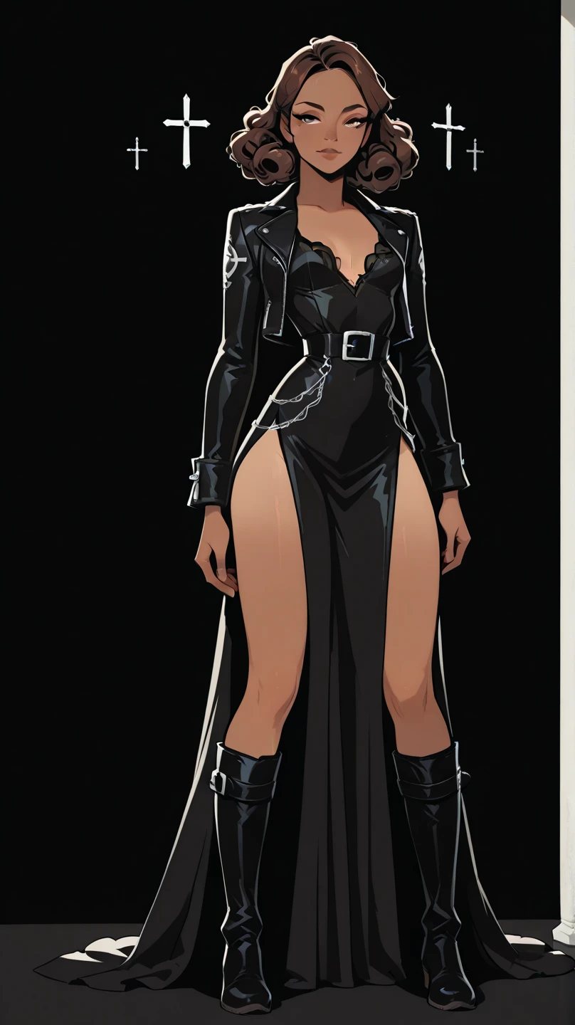 (Masterpiece, plain background:1.2) white short bob hair and skin, white eyes, thin legs, thin body, leather corset and leather collar choker with golden neck bell, shackles wristbands bracers bracelets sleeves, whitish micro bikini 👙 maid, 1MILFWOMAN BIMBO full body standing symmetrical with both hands on hips, wide hips, view from below
