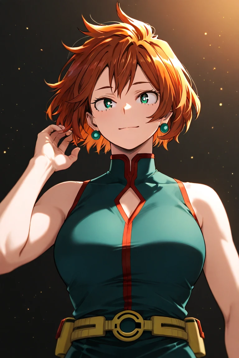 <lyco:ratatatat74 style:1>ratatatat74 style, 1girl, solo, dress, blush, breasts, china dress, chinese clothes, orange hair, side ponytail, long hair, bare shoulders, sweat, green eyes, grey background, blue dress, covered navel, detached sleeves, simple background, large breasts, hair between eyes, looking at viewer,hands out of frame
