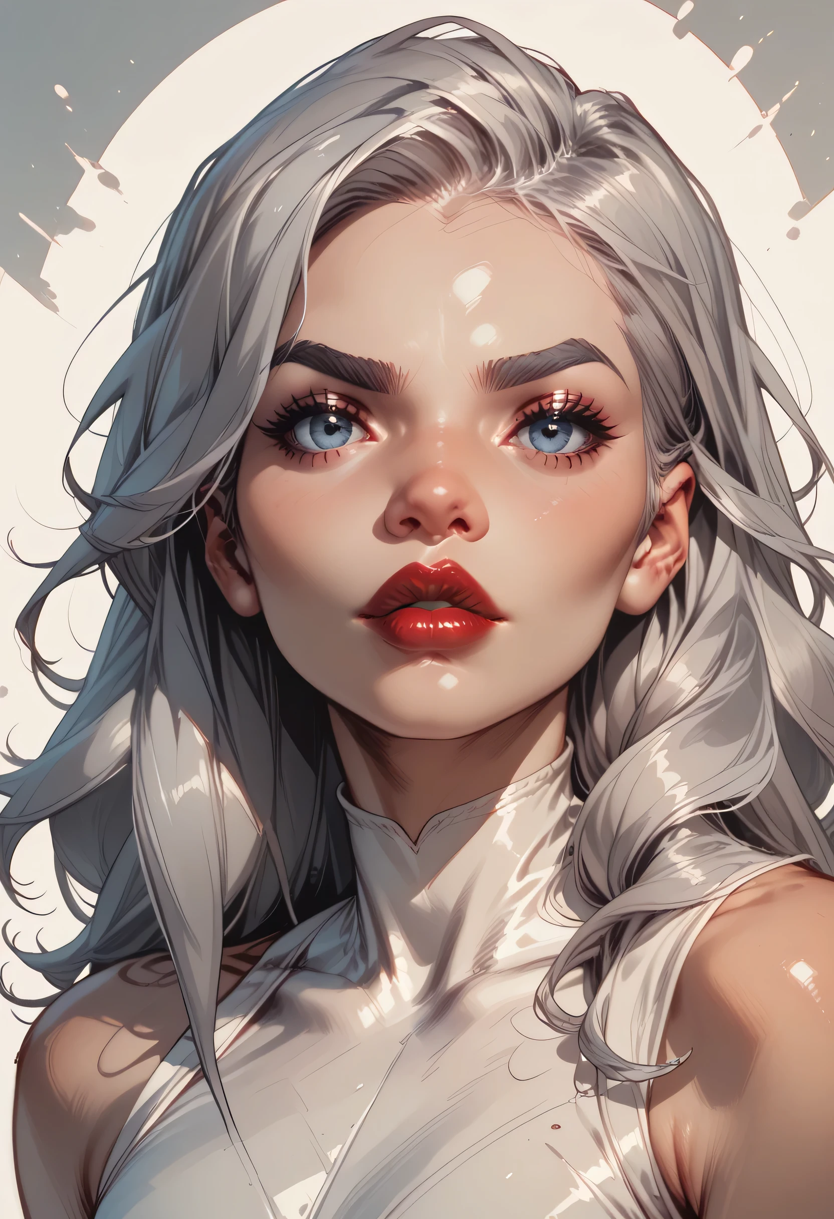 (perfect face), feminine, long hair, silver hair, (thin eyebrows), (grey eyebrows), blue eyes, nose, (thick lips), (red lips), female beautiful, looking at viewer