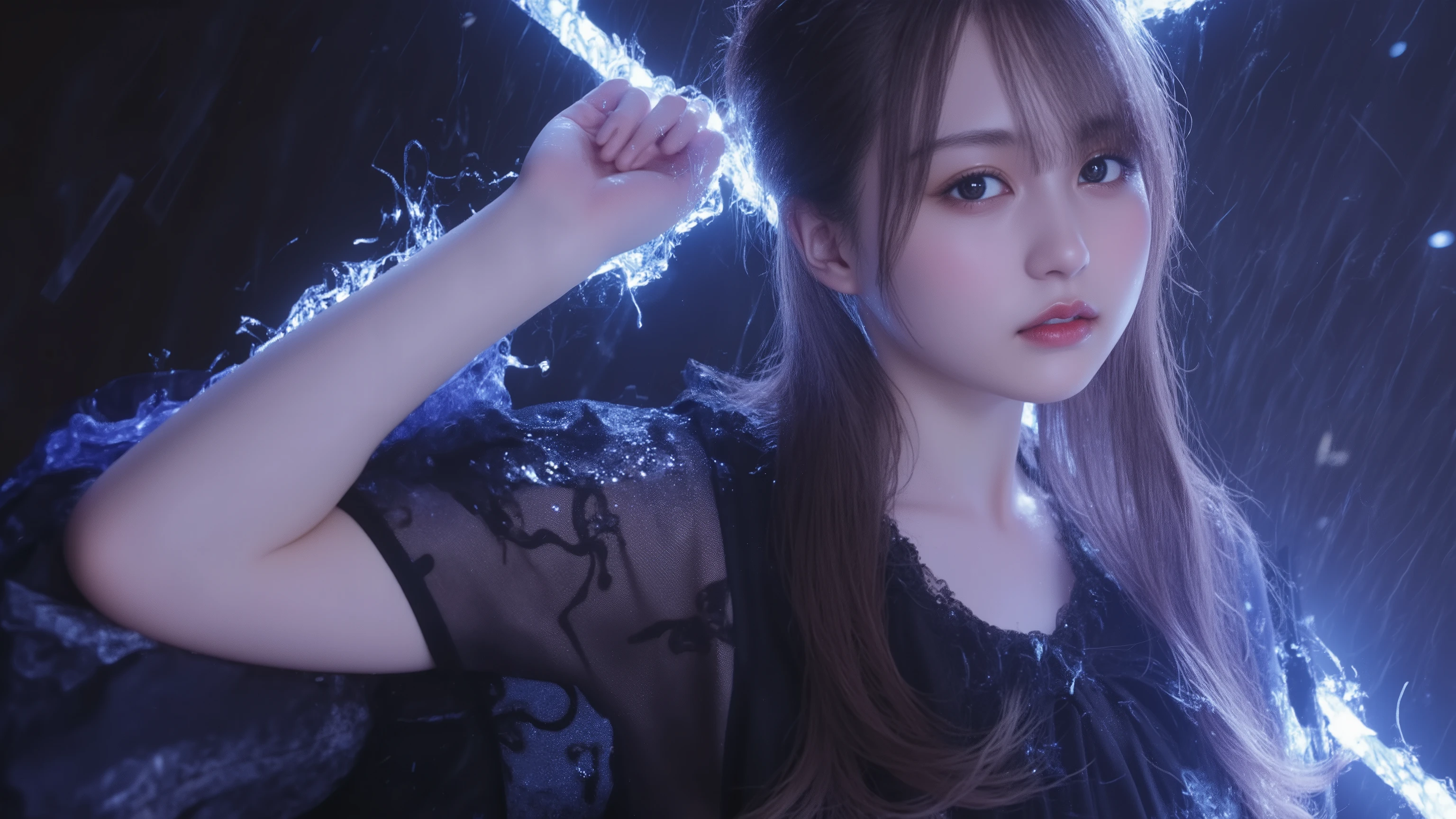 "under a rainy twilight sky , the vibe around her、with a faint light blade shining in the rain {x} The 。{x} The delicate creases in her robe sway in the wind. her flowing clothes , High-quality, transparent fabric, clinging to her figure, constantly getting wet , her sharp eyes are determination and sadness . Reflects both、, It captures 、Her sharp eyes reflect both determination and sadness {x} I feel an ethereal elegance in her presence . With an unwavering gaze, her sharp eyes are determination and sadnessReflects bothます . her hands sparkle slowly , Luxurious Sword, Intense . subtly outlines her shape below , almost mystical energy , as the storm intensifies , setting the stage for an epic confrontation."
