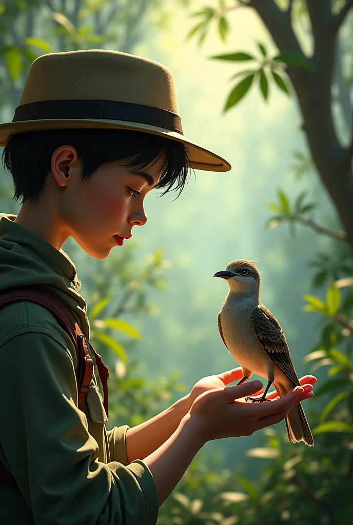 Peruvian boy with a side-parted hairstyle contemplating the bird Mimus longicaudatus that perches on his arm