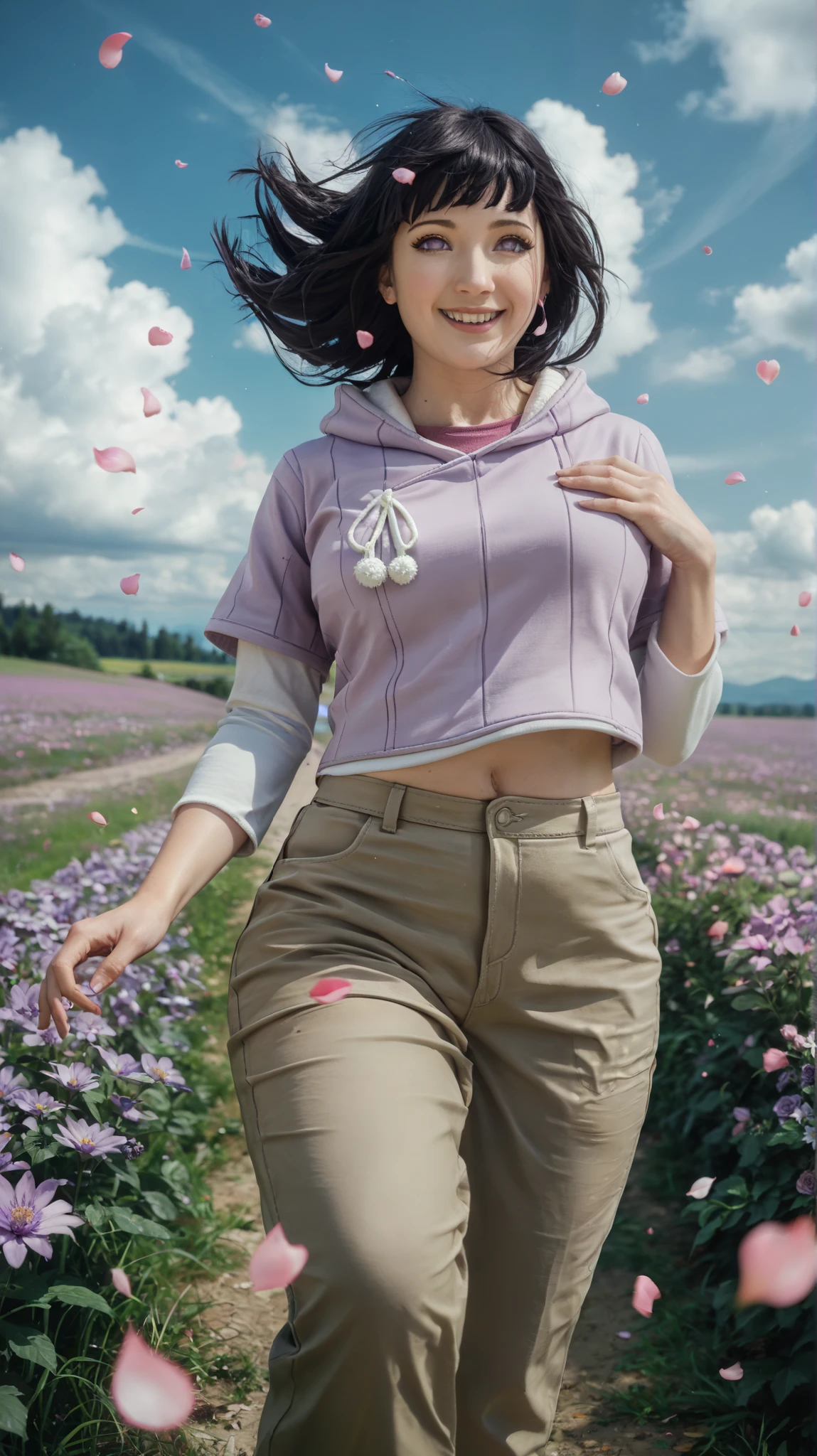 masterpiece, absurdres, hinata\(boruto\), 1girl, solo,mature female, purple hoodie,layered sleeves, brown pants, outdoors,lavender flower field, wind, floating hair,hand on own chest, looking at viewer, smile, (falling petals), cloudy sky,