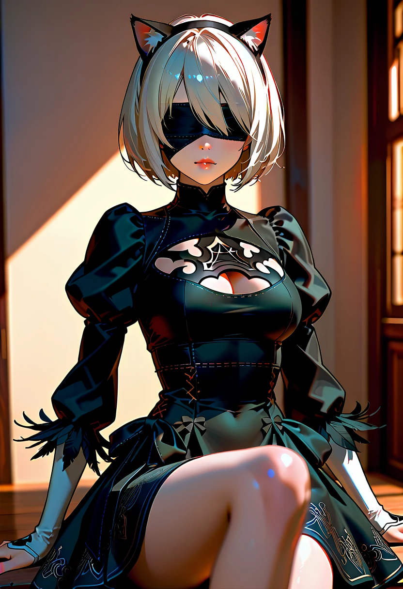 (Real 16k,Realistic details), Holding a Japanese sword..., Black short skirt, anime, (Nierオートマタをベースにした) 、黒いBlindfoldをして,Perfect body standing in beautiful pose, Perfect Girl, Perfect detail, Ultra HD |, 8k, Professional photos, animeスタイル2B, Very detailed (Very beautiful blue eyes), Destroyed slums, Stance for battle, Combat Stance, Green Gas, haze, Mystical style, night, explosion, flash, Mystical style, Very detailedな CG ユニティ 16k 壁紙, Detailed light, Cinematic lighting, chromatic aberration, Sparkling, Expressionless, Very detailedな CG ユニティ 8k 壁紙, Detailed light, Jinx character design, A magnificent composition, Dark background, Very detailed, Detailed body, Detailed face, Sharp Focus, Sharp Focus, The face is severely drooping, Detailed eyes, Ultra-fine illustrations, Better Shadows, In detail, Beautiful details glow, Beautiful details, Very detailed, Expressionless, A magnificent composition, Unreal Engine のコピー, Presented at artstation, Octane Rendering, society, artstation hd, Cinematic, CGソサエティ 16K, Hypermaximalist, he\(League of Legends\)、Yoruhano. 2 Type B, One Girl, Wow, (Blindfold), chest, chestの谷間, chestの谷間 cutout, Clothing cutouts, Green background, Hair between the eyes, hair band, High resolution, Juliet Sleeve, Long sleeve, Nier (series), Nier Automata, Puffy sleeves, Red lips, Shadowed face, short hair, alone, turtleneck, Upper Body, Gray Hair, Sky Porn, Strokes、(Protruding nipples: 0.5)