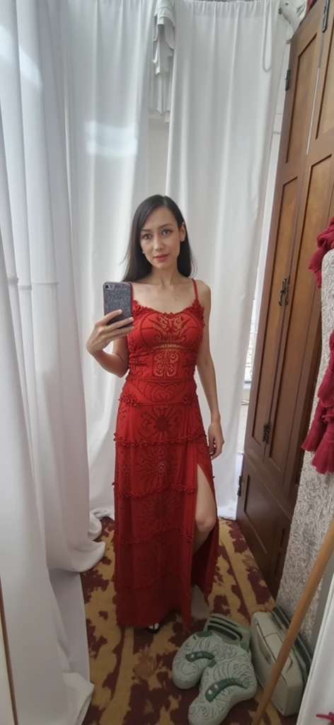 18 year old indigenous girl, smiling, wearing a sensual, sexy dress with side flaps

