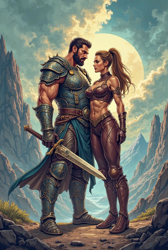 Homem e uma mulher se beijando, homem de cabelo loiro e longo, olhos azuis, peitoral gigante, corpo forte, Corpo com muita veia, armadura de viking, espada gigantesca, Mulher de cabelo curto e preto, olhos verdes, mid chest, sexy, curvas apontadas, Corpo sensual, roupa da pano, medieval setting, imagem HD, Imagem limpa, Imagem 4k, alta resolução, obra prima, manga art