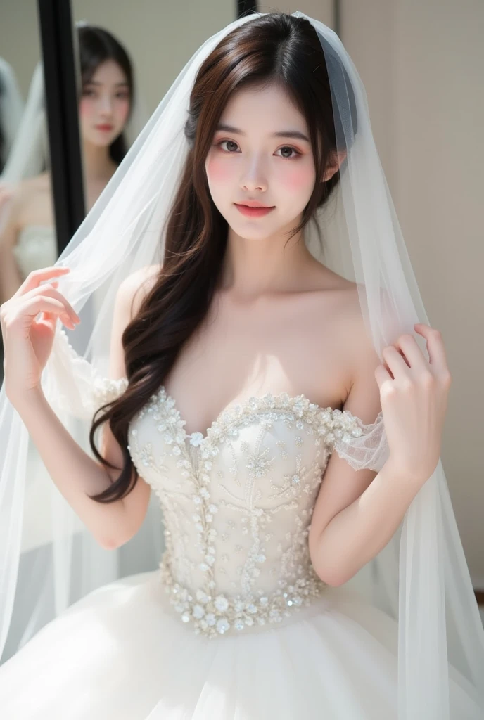 best quality, masterpiece, 1 girl, yak, Very pretty, beautiful, cute teen, shiny lips, sweet, sun glare, Conservative attire, wedding dress, bridal tiara, bouquet, depth of field, blurred background, Cathedral Background, light particles, strong wind, head tilt, long hair,