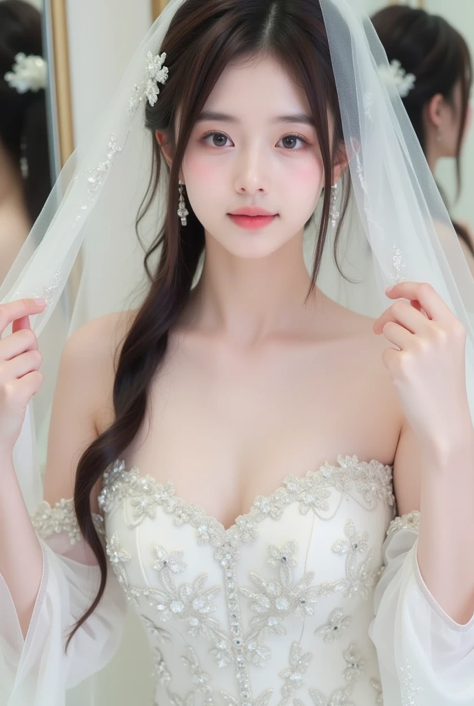 8k, Ultra-high resolution, Highest quality, masterpiece, 三分割法によるphotograph,Surreal, photograph, 1 Girl, (16 years old:1.3), pretty girl, Cute Face, Beautiful eyes in every detail, 細かくdetailedに,masterpiece,One Girl:1.2,Japan Female Teachers,full body,light smile,Long black hair,Straight long hair,(印象派の美しい少女のPortraiture),(Impressionist light and colour), (White Wedding Dress:1.3),(Fairy, bride, Shiny Hair, Beautiful dark eyes, So cute and beautiful,16 years old, ), (smile:0.8),Sharp contours,Looking down, (Wedding Veil,White lace), ((Gothic cathedral)), (Stained Glass Windows:1), indoor, Light from above, Low contrast, (Side view),, Perfect and beautiful face ,完璧でCute Face, Skin with attention to detail, Perfect limbs、Narrow waist,Looking at the audience,(((Ideal body type))),A cup small breasts :2,Portraiture:2,Perfect Anatomy,鮮明なdetailed,detailed,Surreal,Light and shadow,glowing