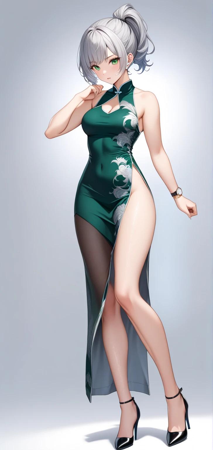 Top image quality,Ultra-high resolution,Standing,front,Full body view,Smile,wear gloves,,Details: hands on hips,thin waist and thin legs,Tall and hot body,Standing,Tsunade,Beauty,Deep V-neck cheongsam, Full body image